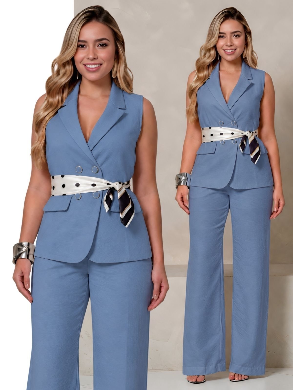 Conjunto Feminino Alfaiataria Colete com Faixa e Calça Pantalona - Azul Jeans