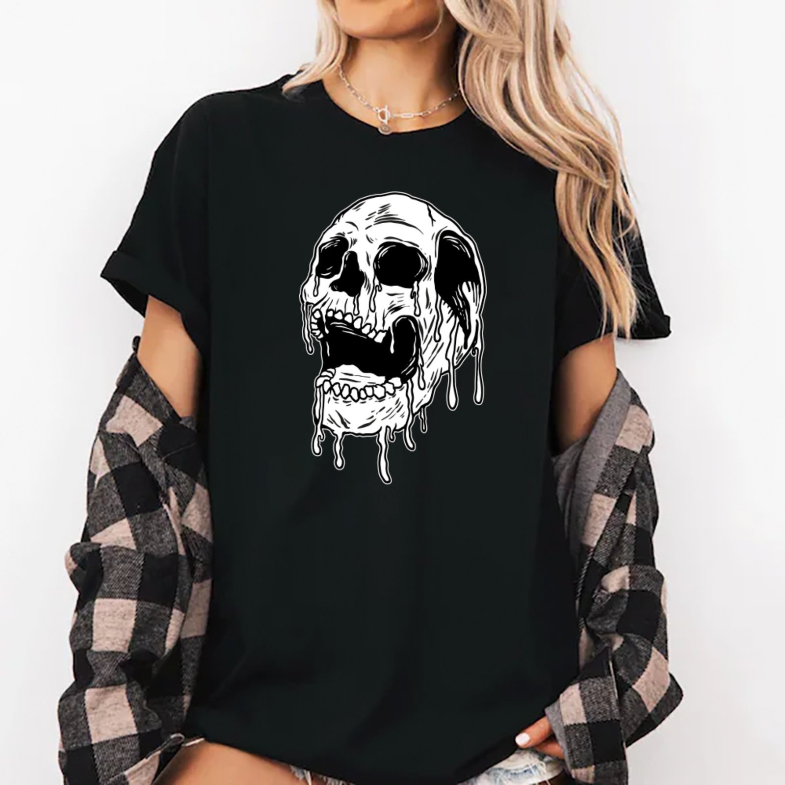 Camiseta Ousy Unissex Streetwear Melting Skull Visual Exclusivo Oversized Preto
