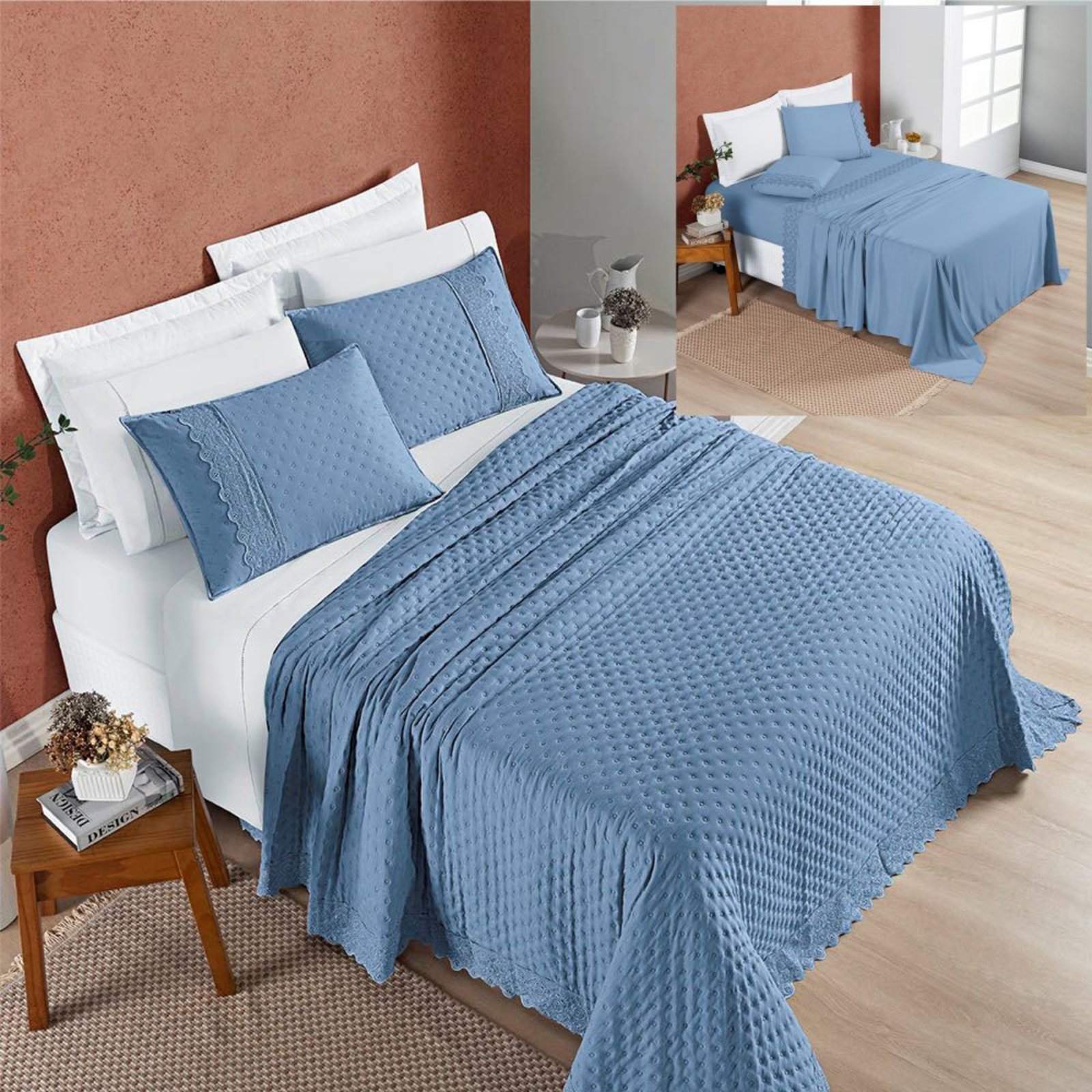 Coordenado Cobre Leito e Lençol Divino Queen 7 Pç - Azul - 100% Poliéster
