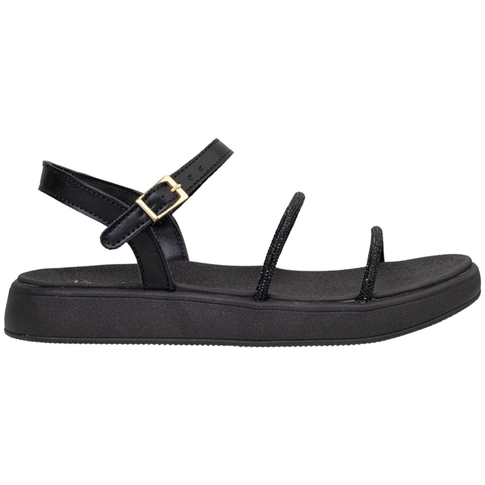 Sandalia Feminina Flatform Papete Strass Confortável Dia a Dia Estilosa Via Angel 7505 Preto