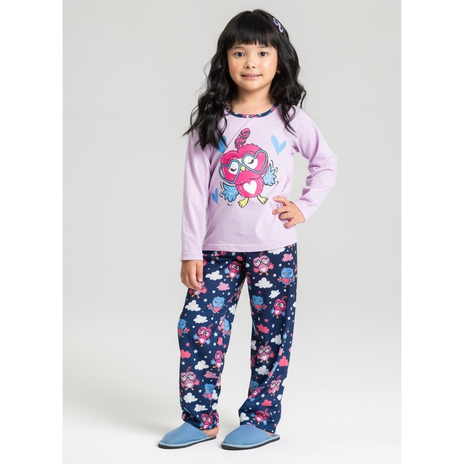Pijama Longo Menina Lilás Corujas de Óculos