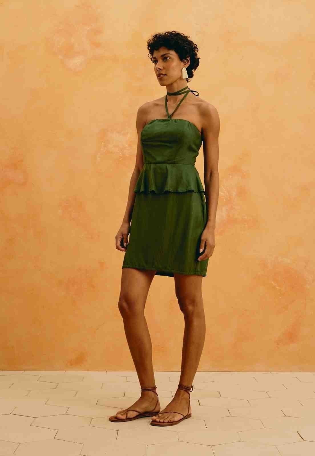 Vestido Curto Liso Peplum Amarração Verde