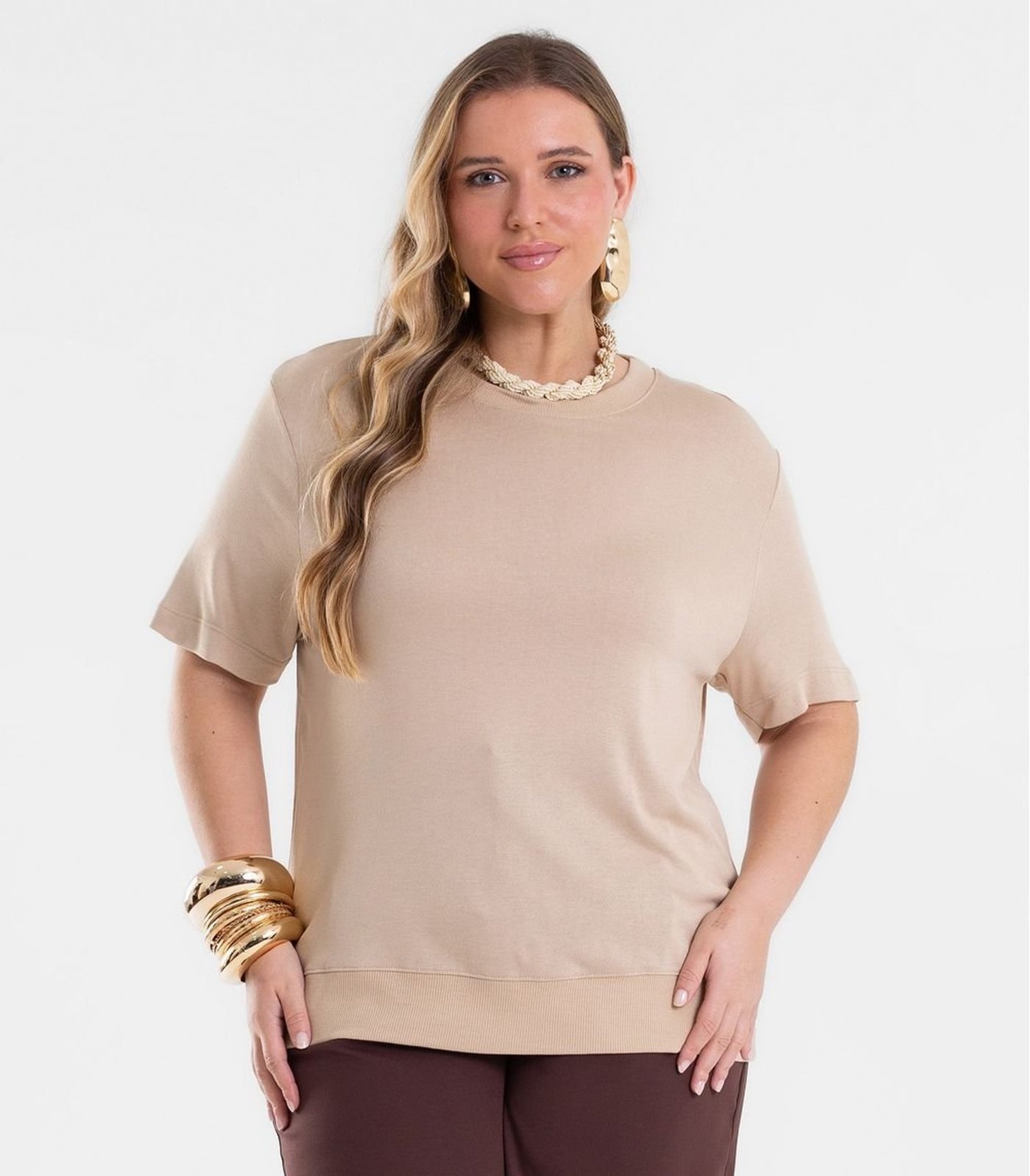 Blusa Feminina Manga Curta Viscotricot Secret Glam Bege