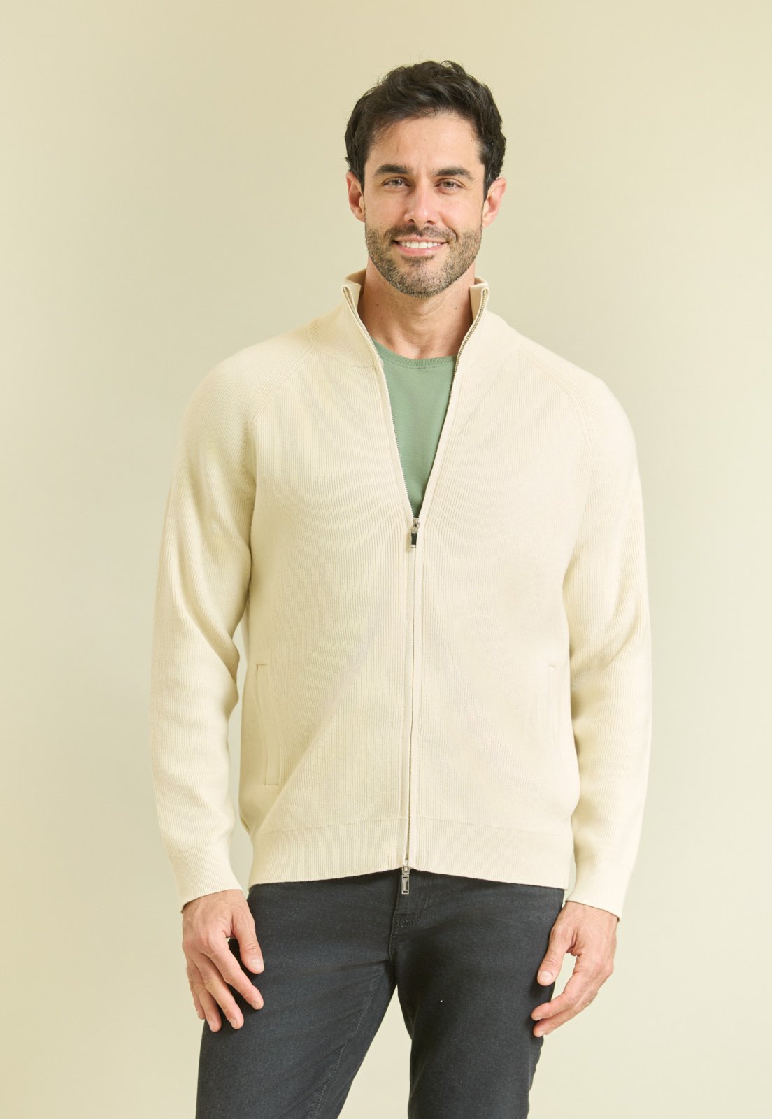 Jaqueta Tricot Classic Gola Alta Dialogo Bege