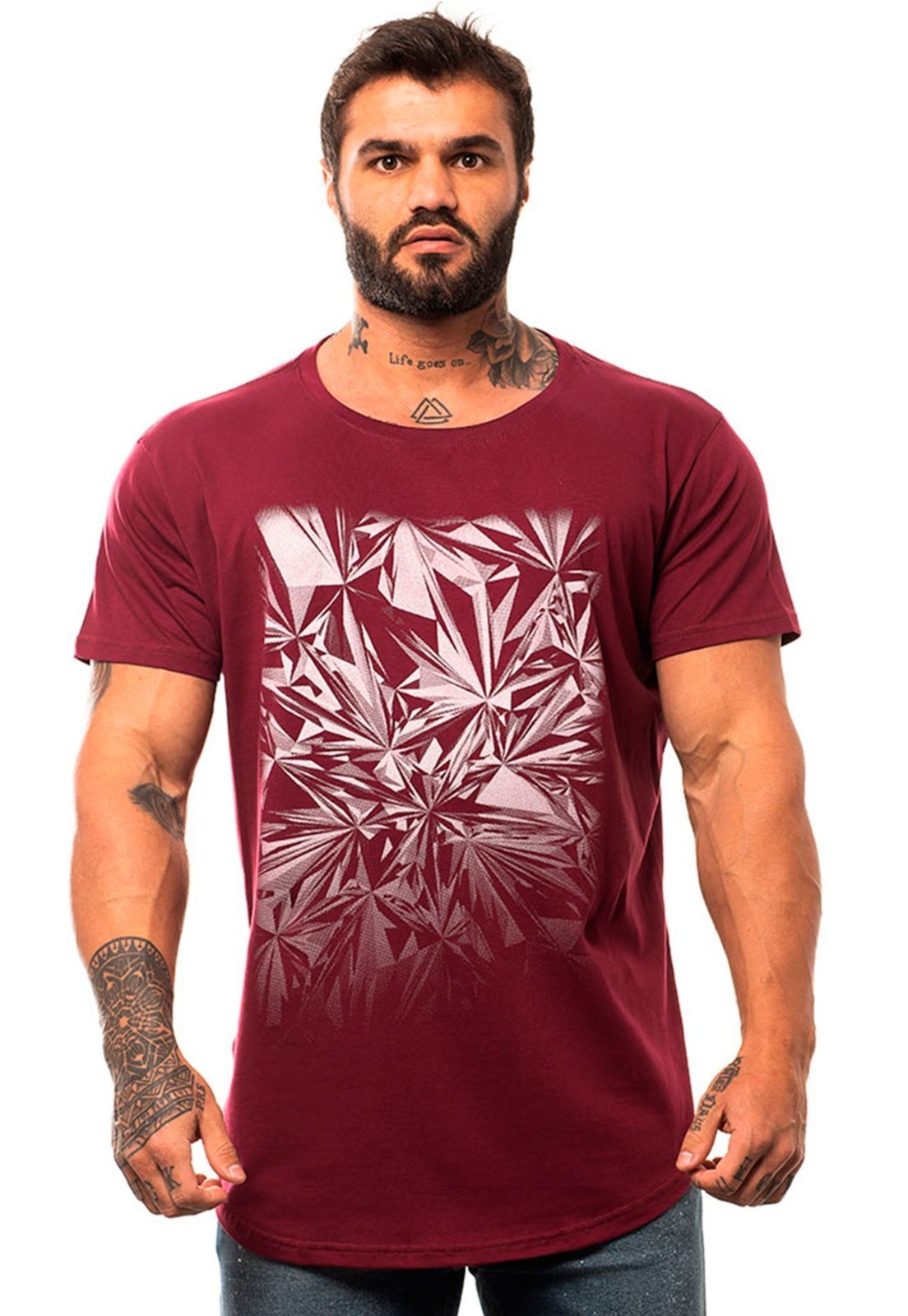 Camiseta Longline Masculina MXD Conceito para Academia e Casual Cristais Abstratos Bordô Meia Malha