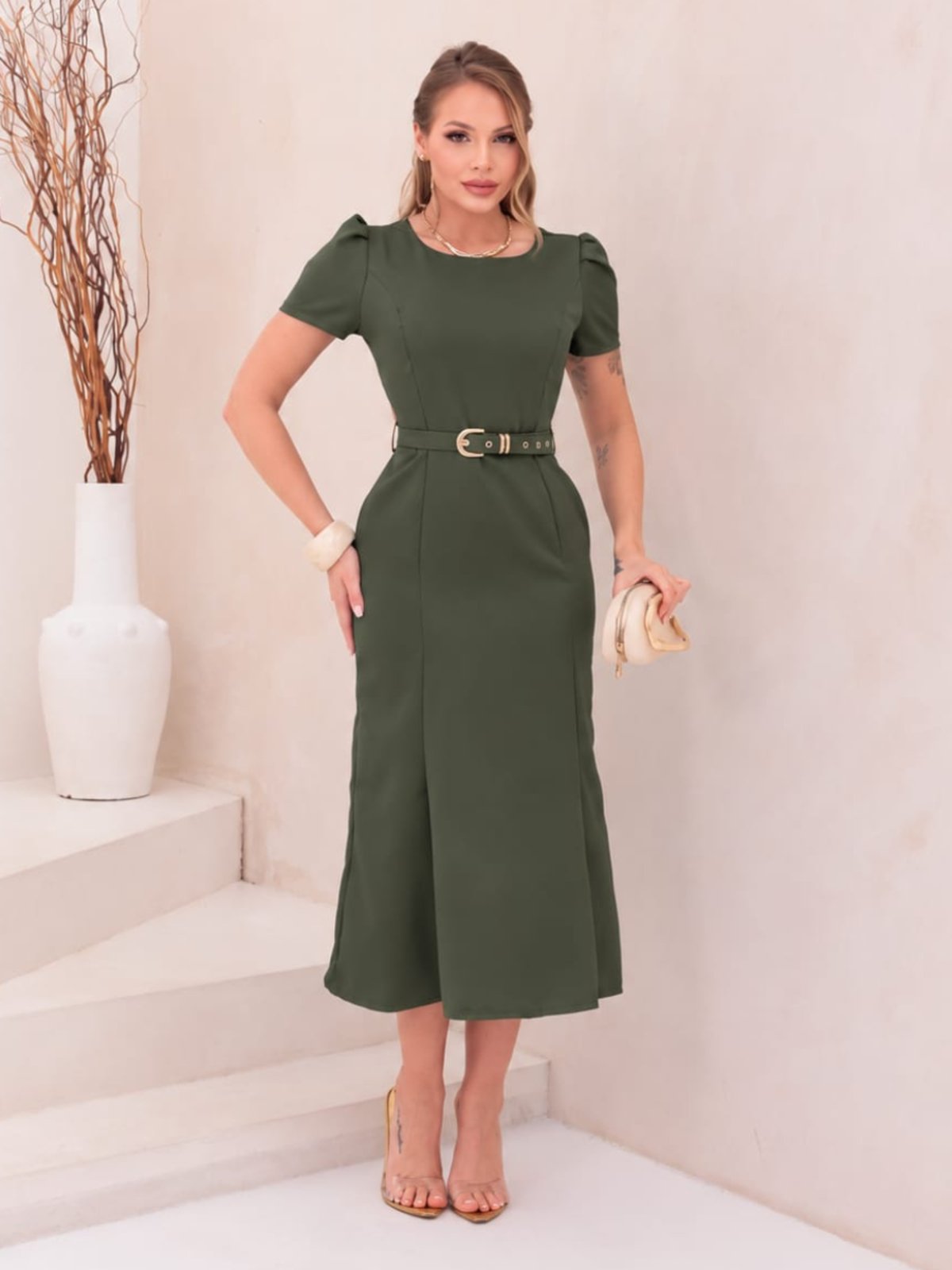 Vestido Maxi Midi Feminino Alfaiataria Acinturado Manga Princesa Social Elegante Sofisticado Verde Militar