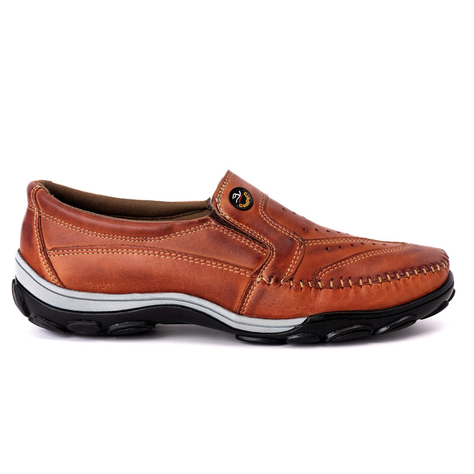 Vista 2 Sapatilha Casual Couro Campero Mocassim Conforto Slip On Pinhão caramelo caramelo