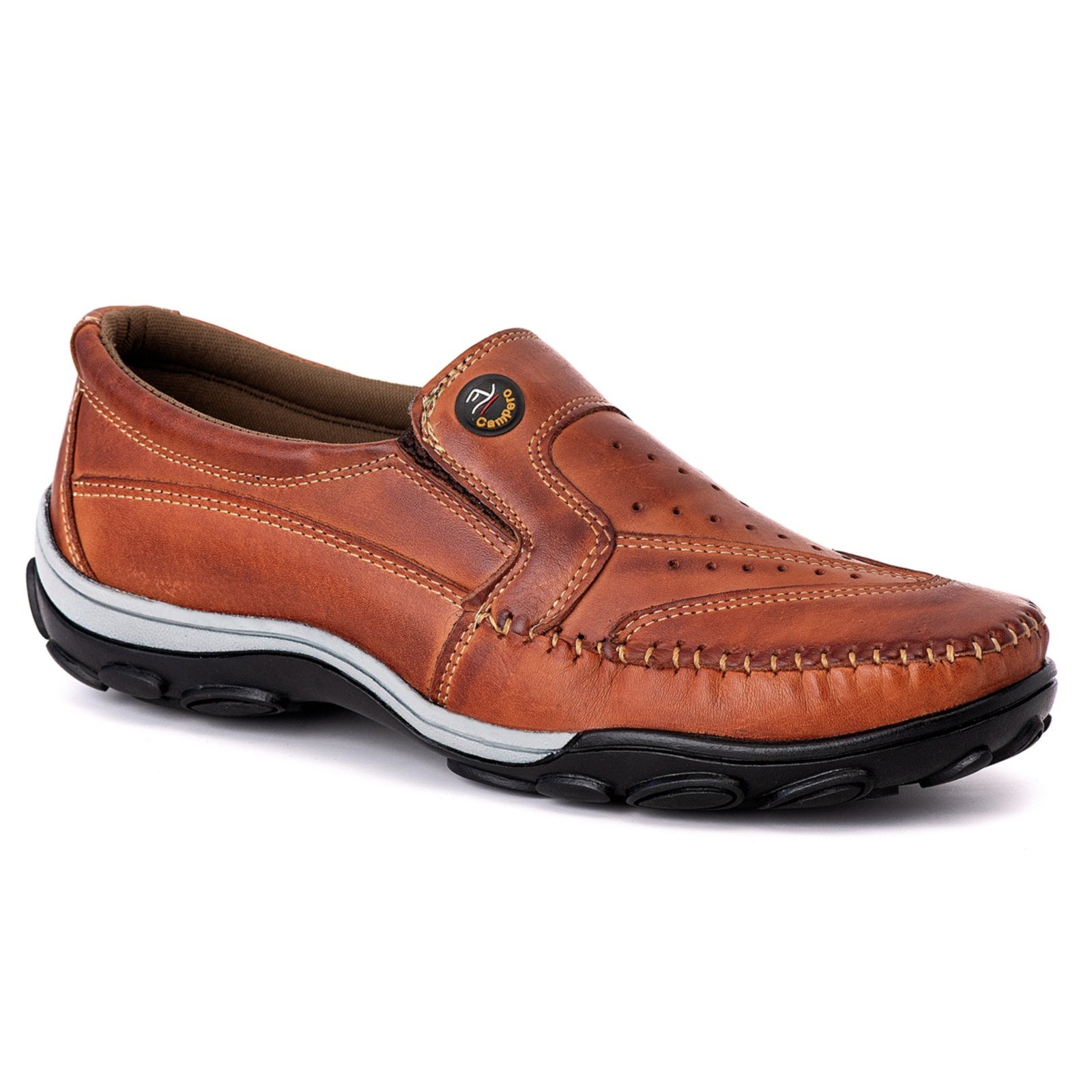 Vista 3 Sapatilha Casual Couro Campero Mocassim Conforto Slip On Pinhão caramelo caramelo
