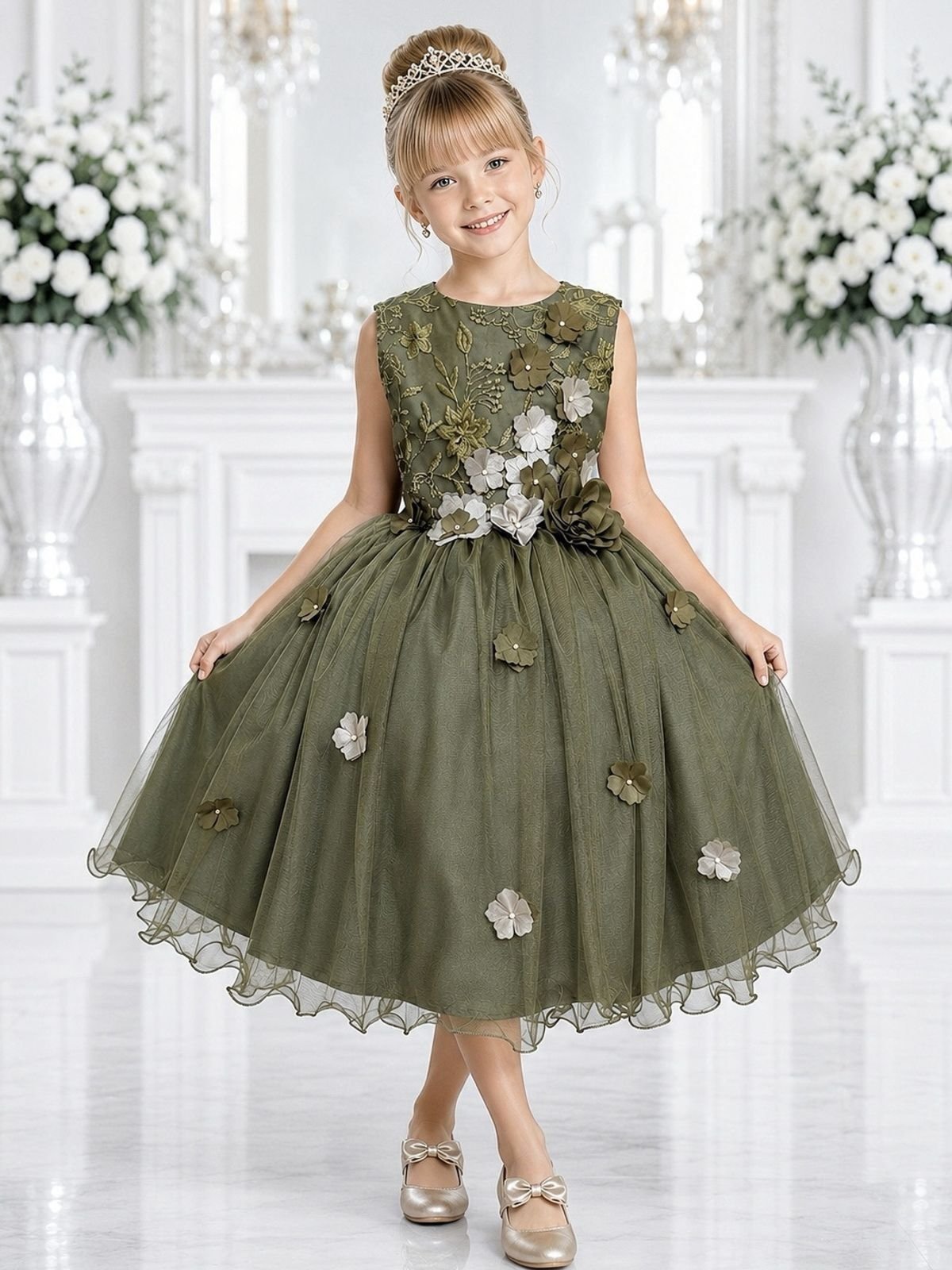 Infantil - Vestido Festa Verde Oliva Flores Formatura Florista Casamento Renda Dama Daminha Social Menina Juvenil Pérolas Princesa Rodado Aniversário Luxo