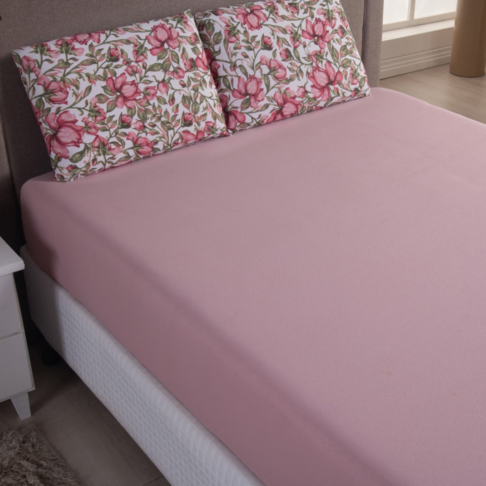Jogo Cama Lençol Casa Scarpa Sonnet King Malha Estampada Algodão 3 Peças - Flores - Rosê