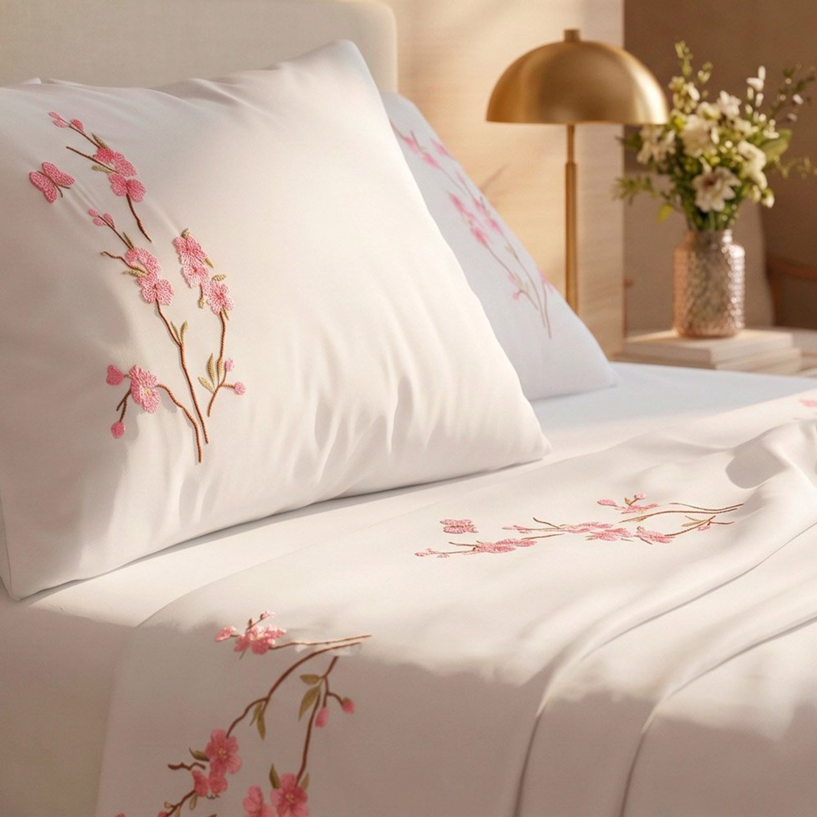 Jogo de Cama Lençol King Botanique Floral Micropercal 300 Fios Bordado 4 Peças Branco