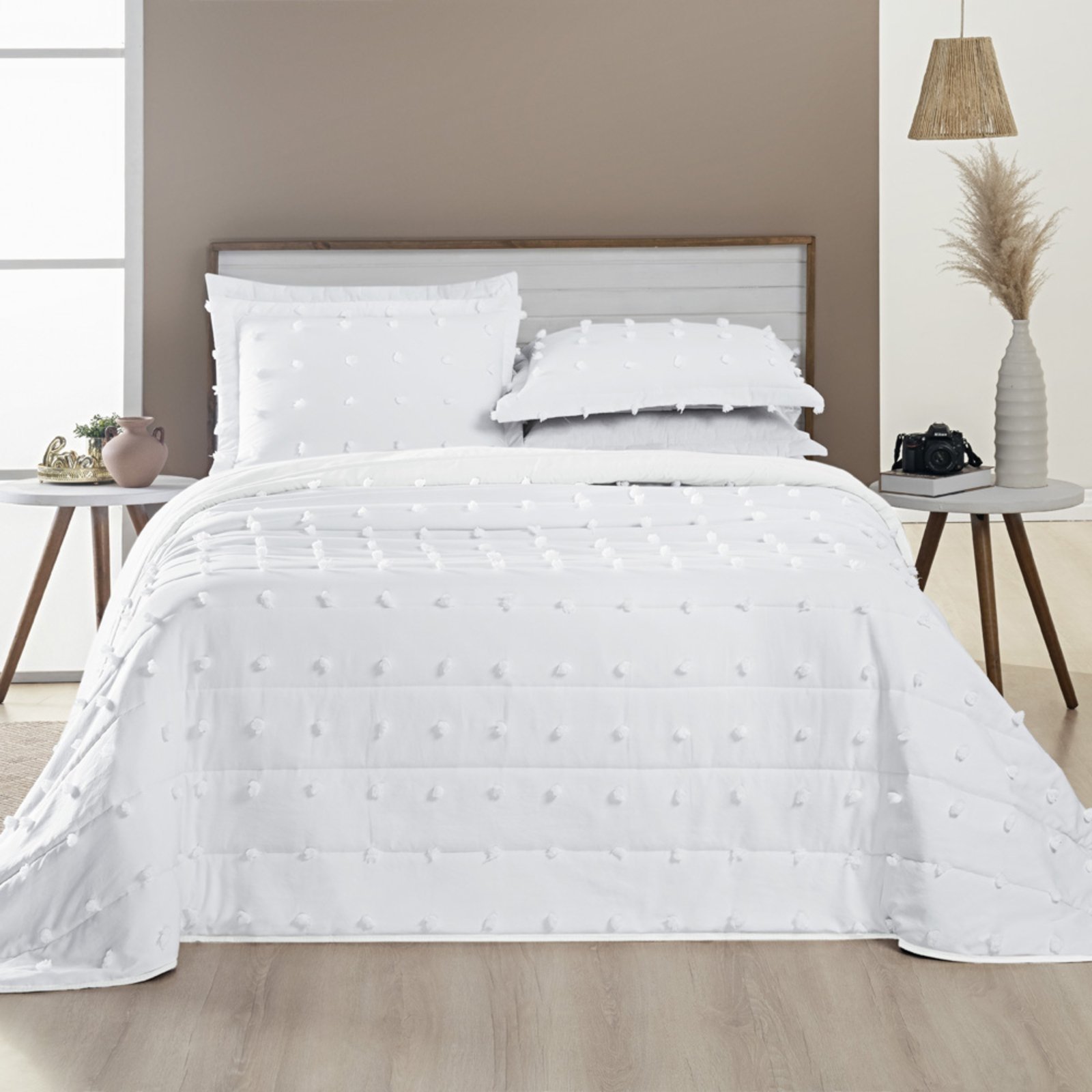 Kit Cobre Leito Colcha Casa Scarpa Alexa Pompom King Dupla Face Micropercal 3 Peças - Branco