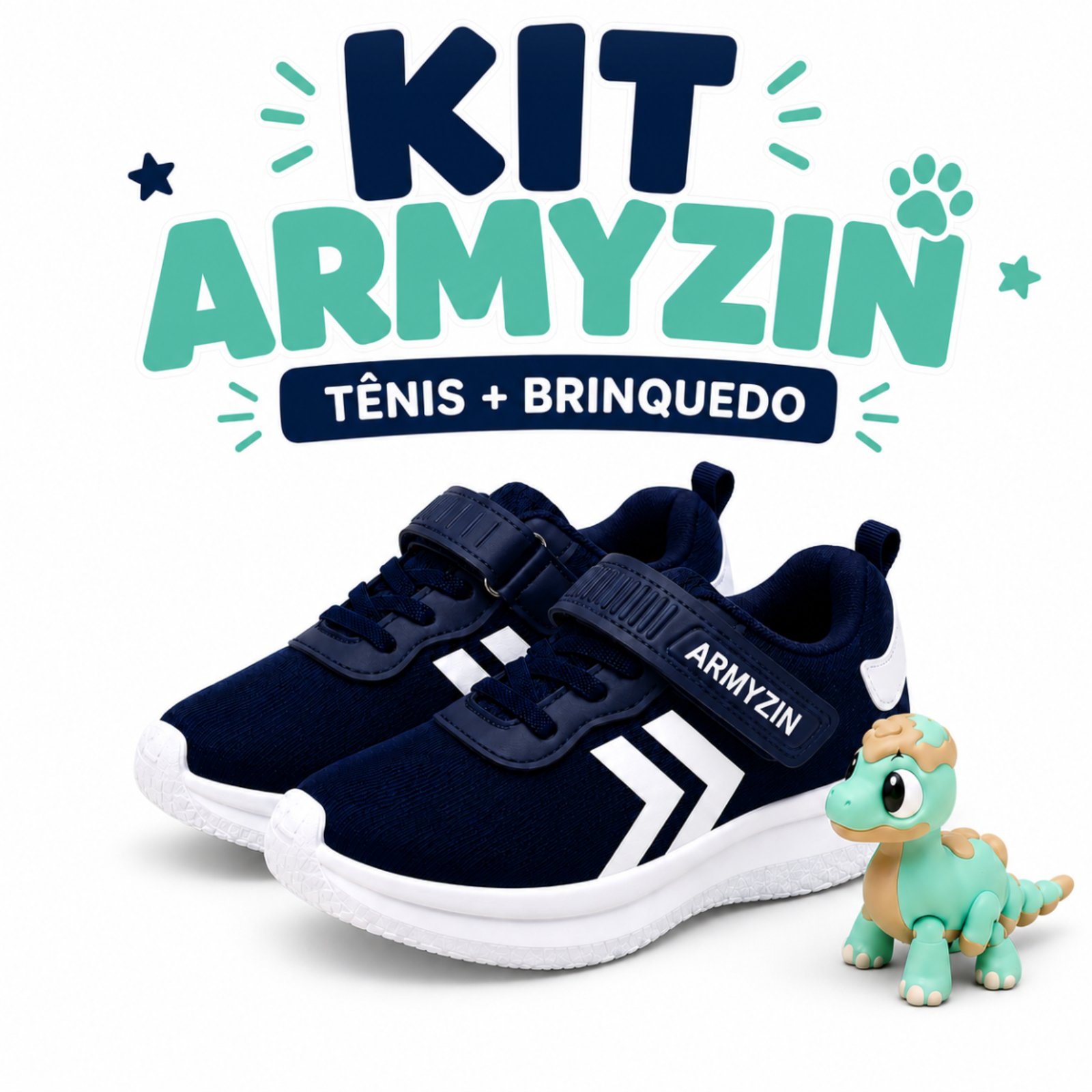 Infantil - Tênis Masculino Leve Confortável Macio Azul Marinho+ Dinossauro De Brinquedo