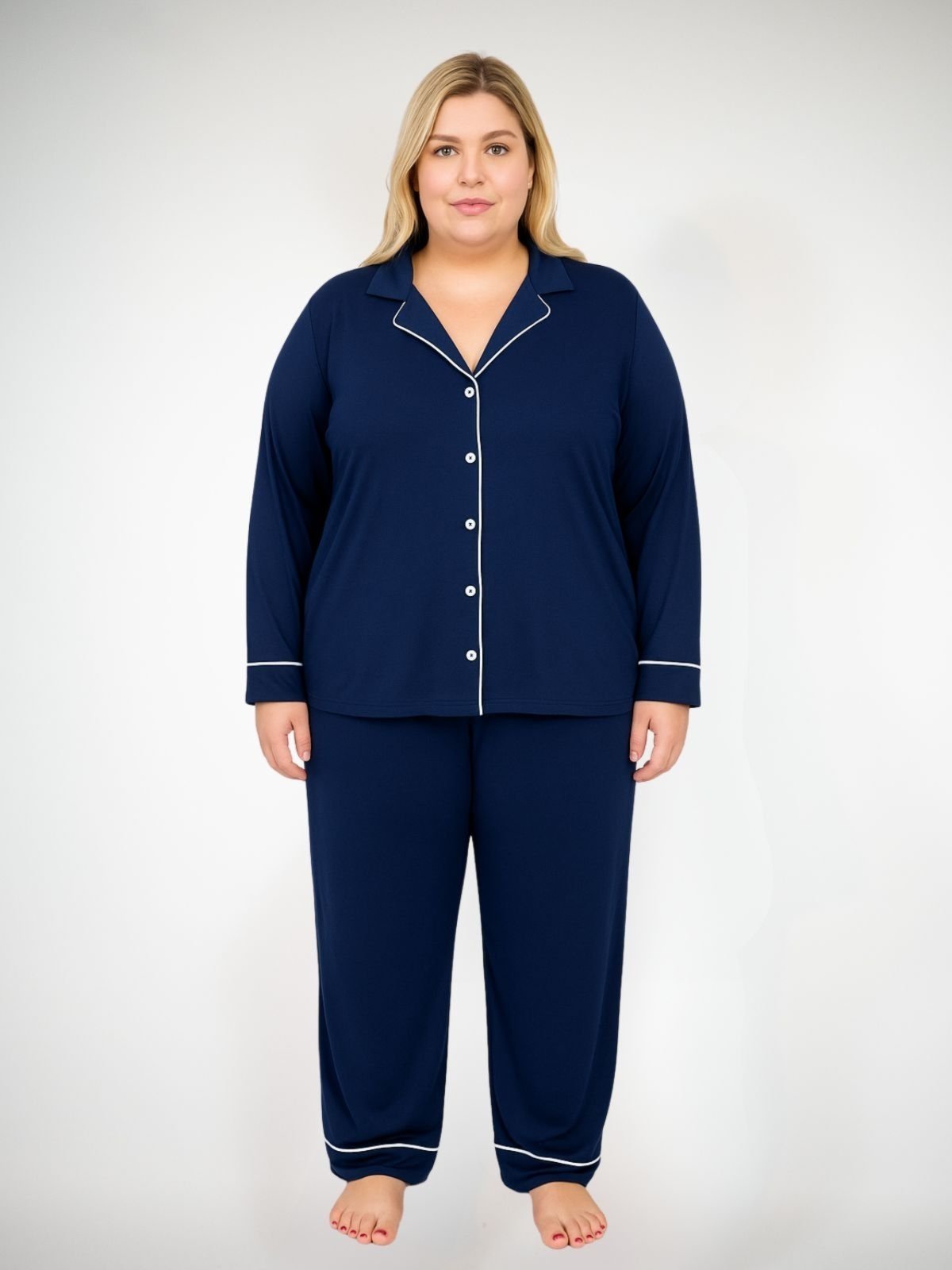 Pijama Algodão Plus Size Americano Longo Fernanda – Azul Marinho