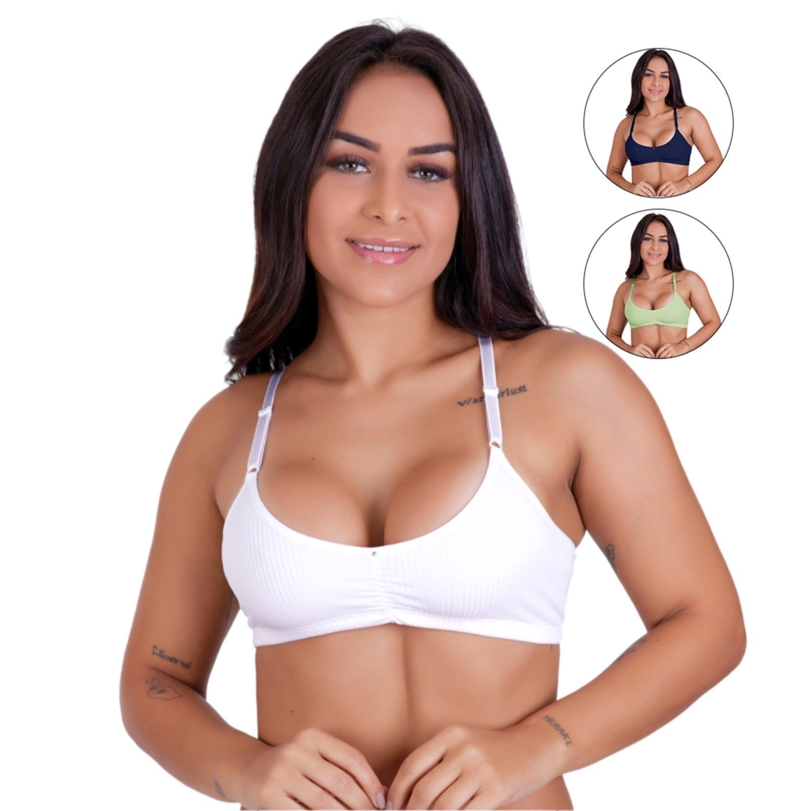 Kit 3 Sutiã Canelado Gabi Lingerie Sem Bojo Microfibra Lingerie Top Conforto Detalhe Franzido Multicolorido