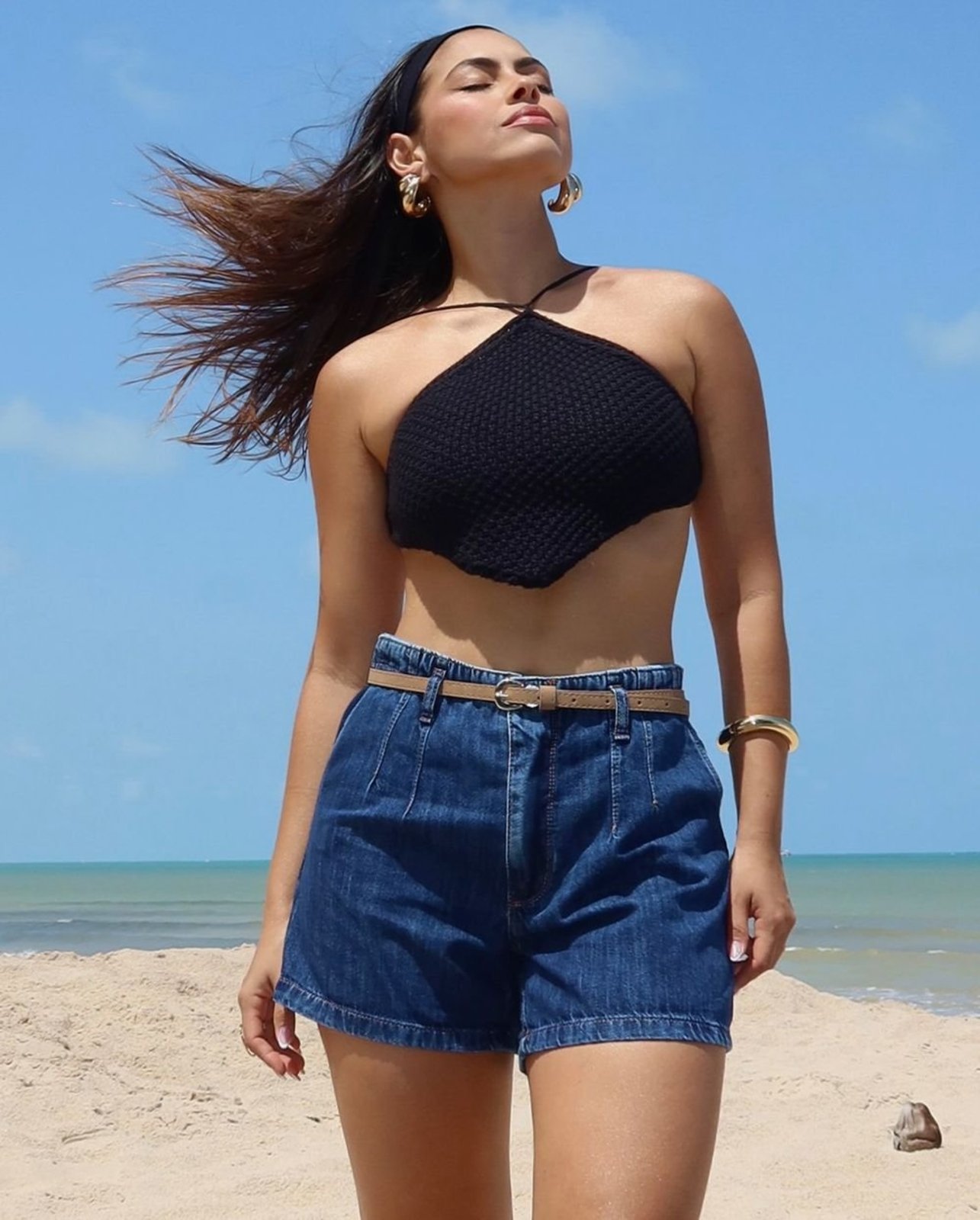 Shorts Jeans Feminino Mom com Cinto Pu 24424 Sky Escuro Consciência