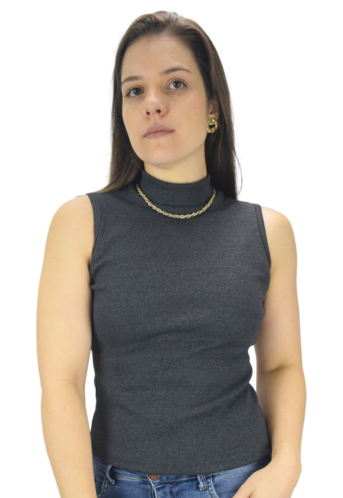 Blusa Regata Camiseta Canelada malha gola alta Butu Biru Cinza
