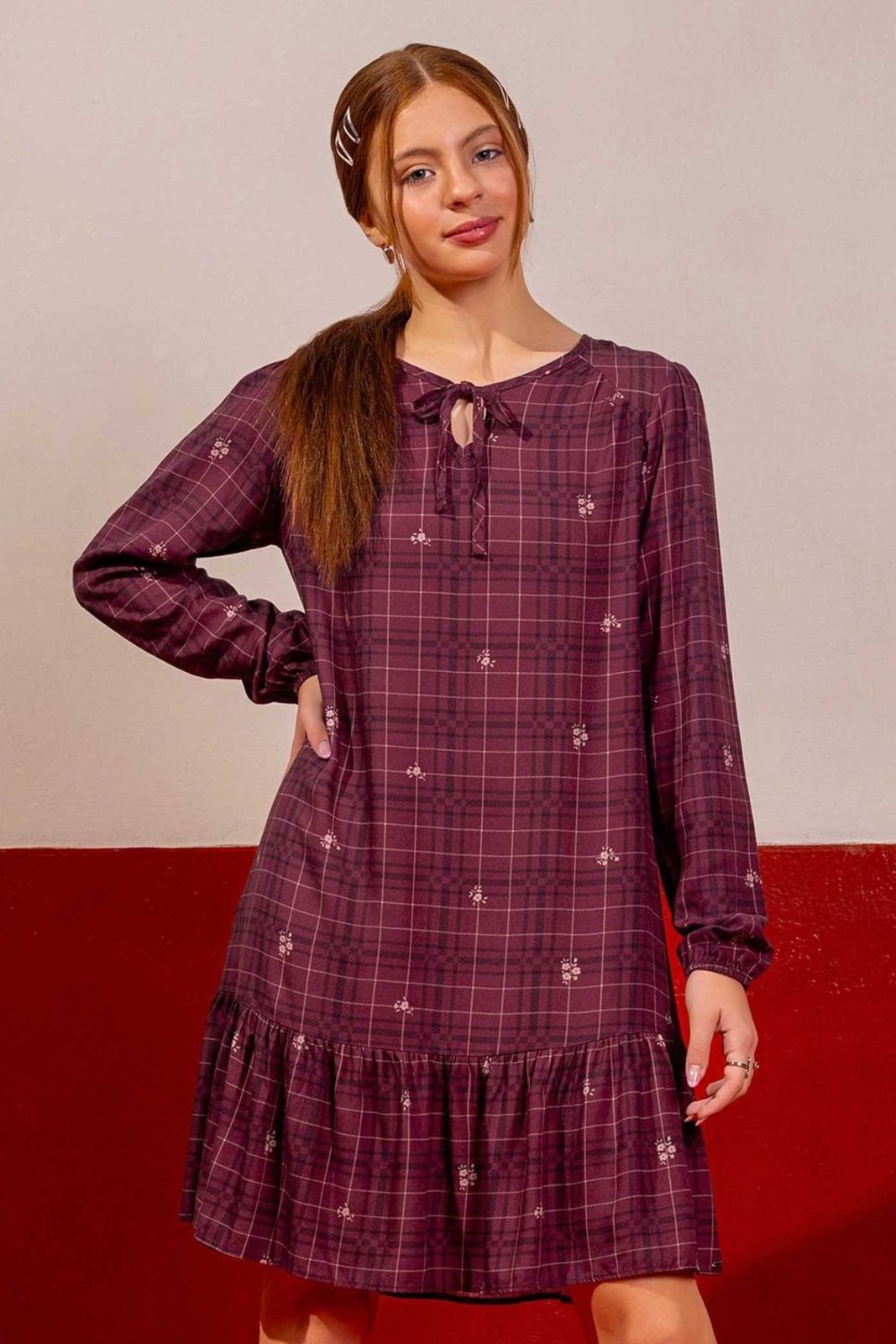 Infantil - Vestido Juvenil Menina Xadrez Manga Longa Beats Vermelho