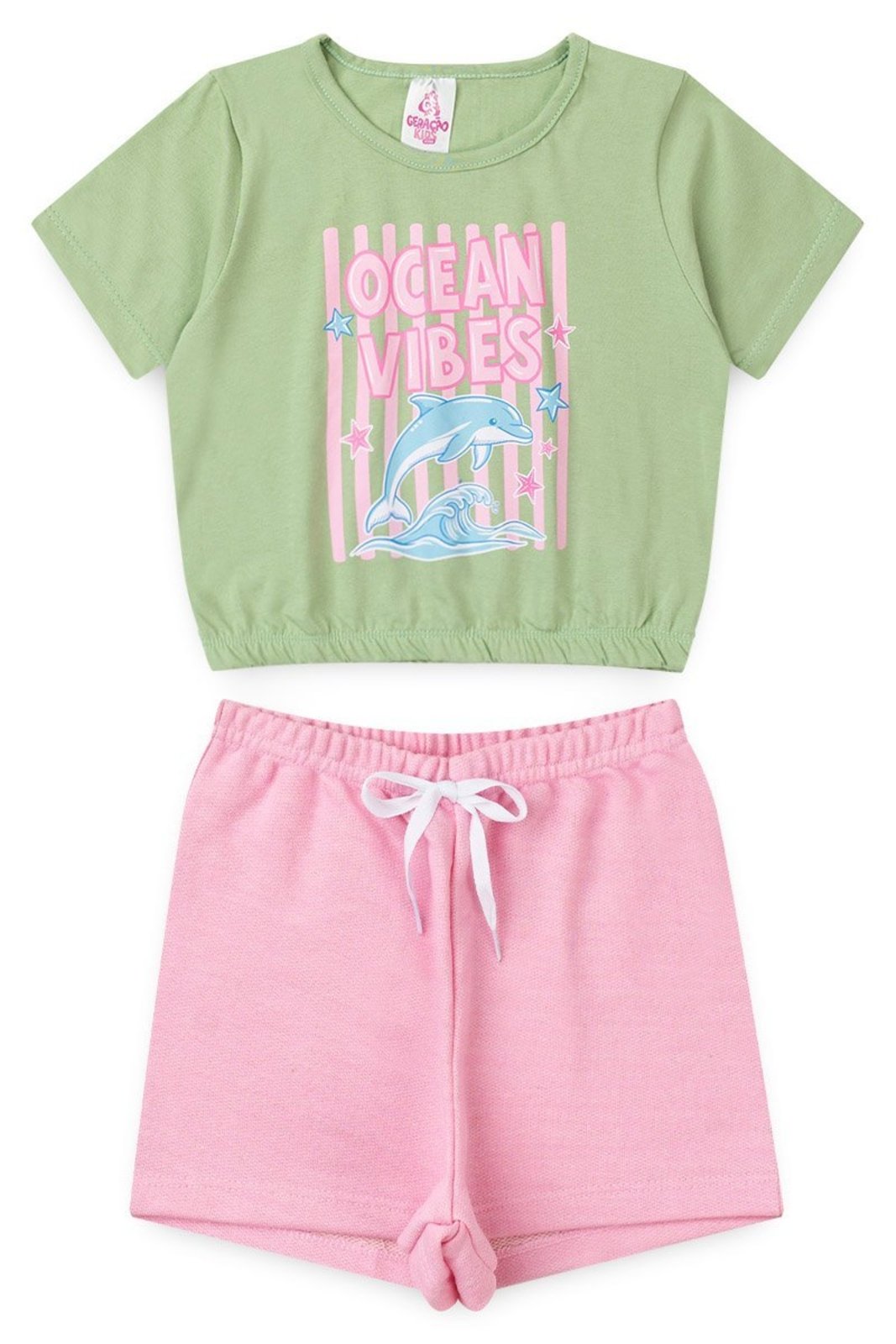 Infantil - Conjunto Menina Verão Blusa Cropped 100% Algodão Shorts Moletinho Confortável com Elástico