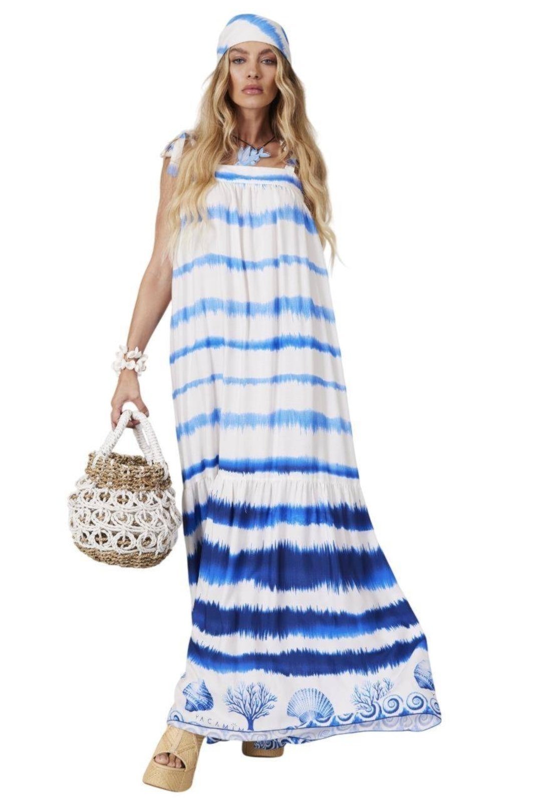 Vestido Longo Azul Coleção Pira Omomba”e Yacamim K3/4/5 – Estampado