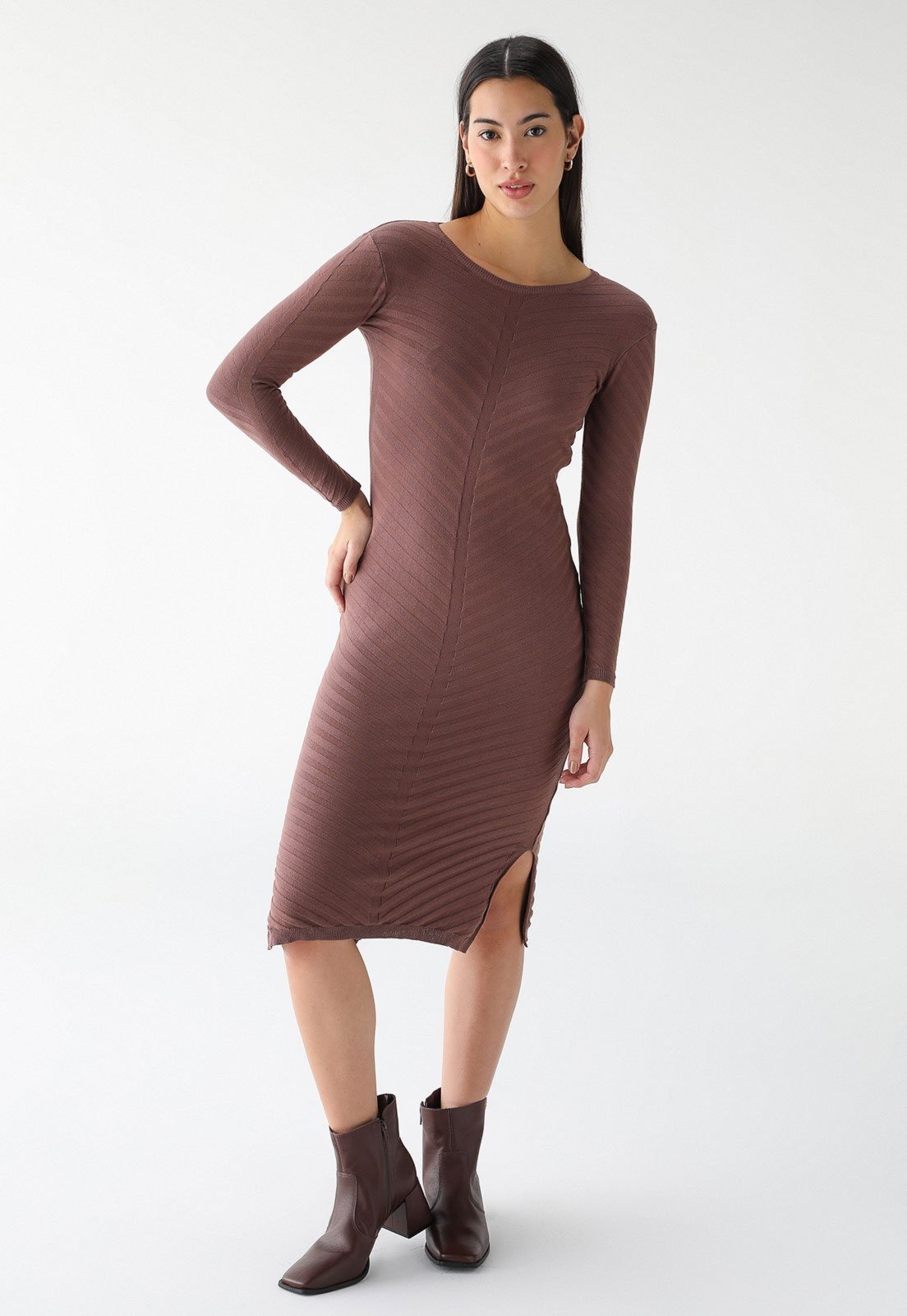 Vestido Tricô Algodão Shirley Malhas Longo com Fenda Marrom