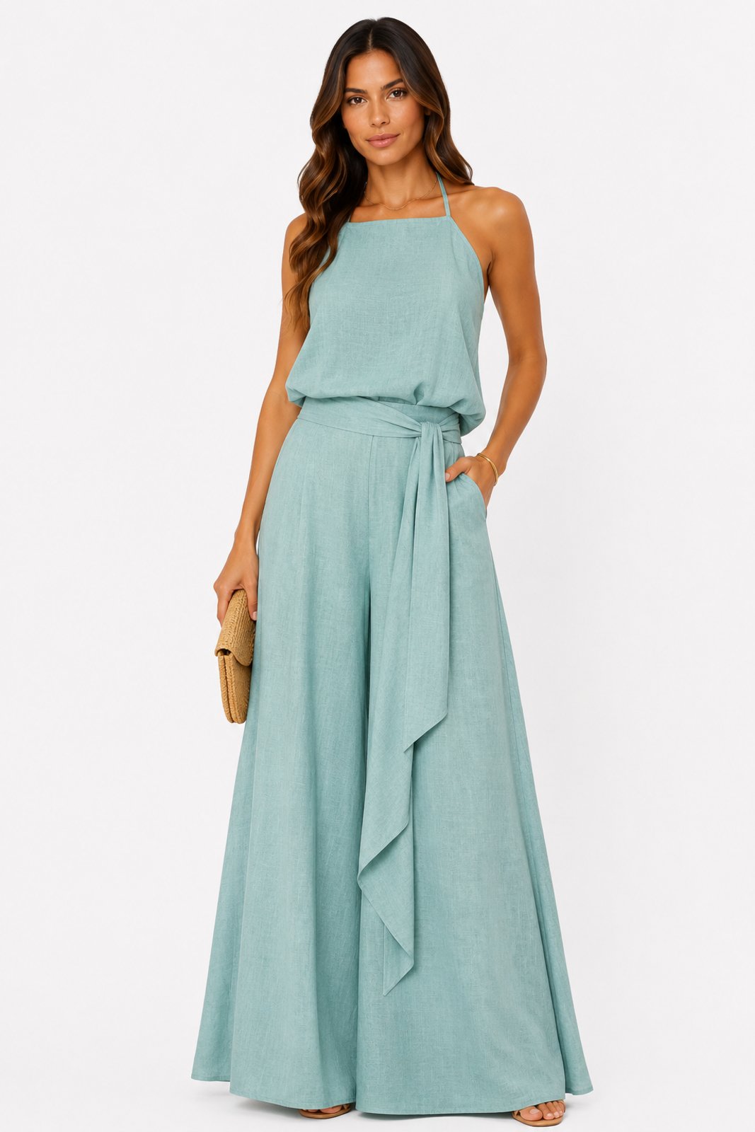 Conjunto D Bell Outlet Fashion Blusa Frente Única e Calça Pantalona Verde Água