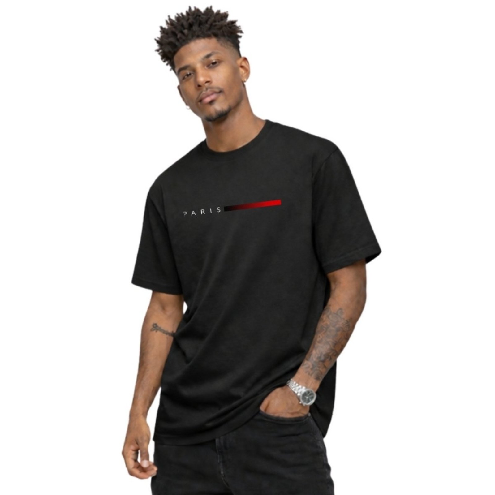 Camiseta Basica Algodão Gola Redonda Masculina Estampa Paris Vermelho