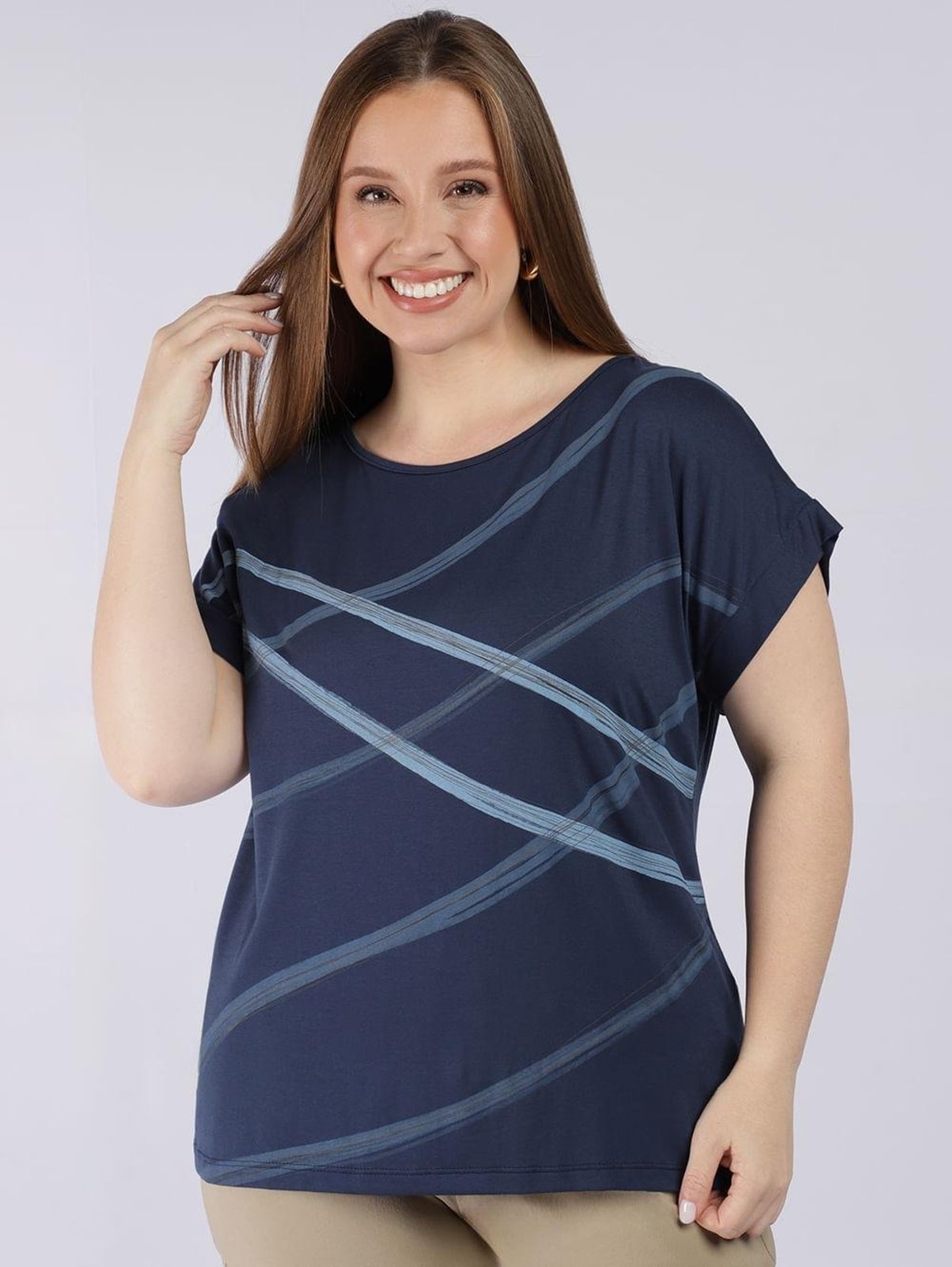 Blusa Manga Curta Estampada Autentique Feminina MARINHO