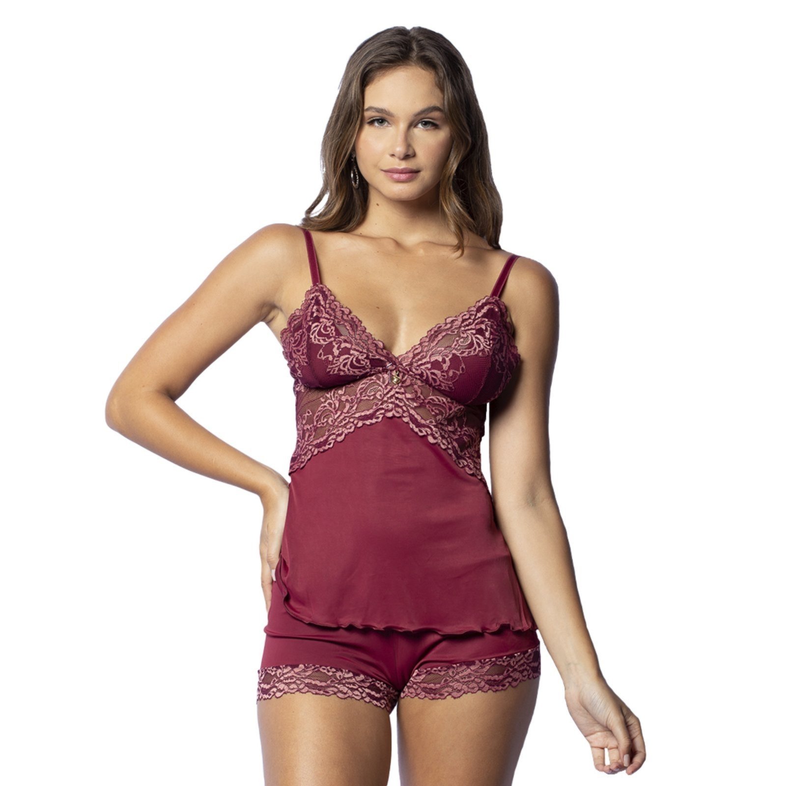 Baby Doll Gabi Lingerie Poliamida Sem Bojo Short Renda Pijama Sexy Curto Rubro com Rose