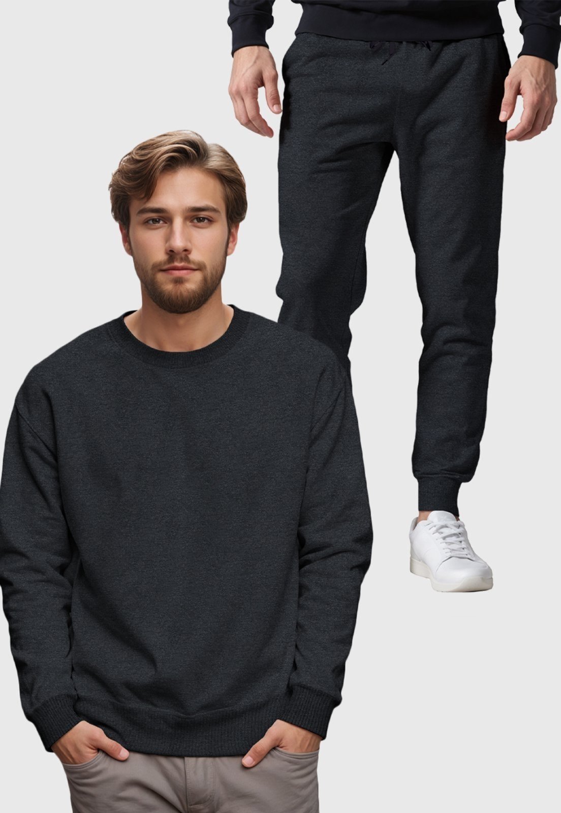 Conjunto Moletom Liso Gola Redonda e Calça Masculina Benellys Chumbo