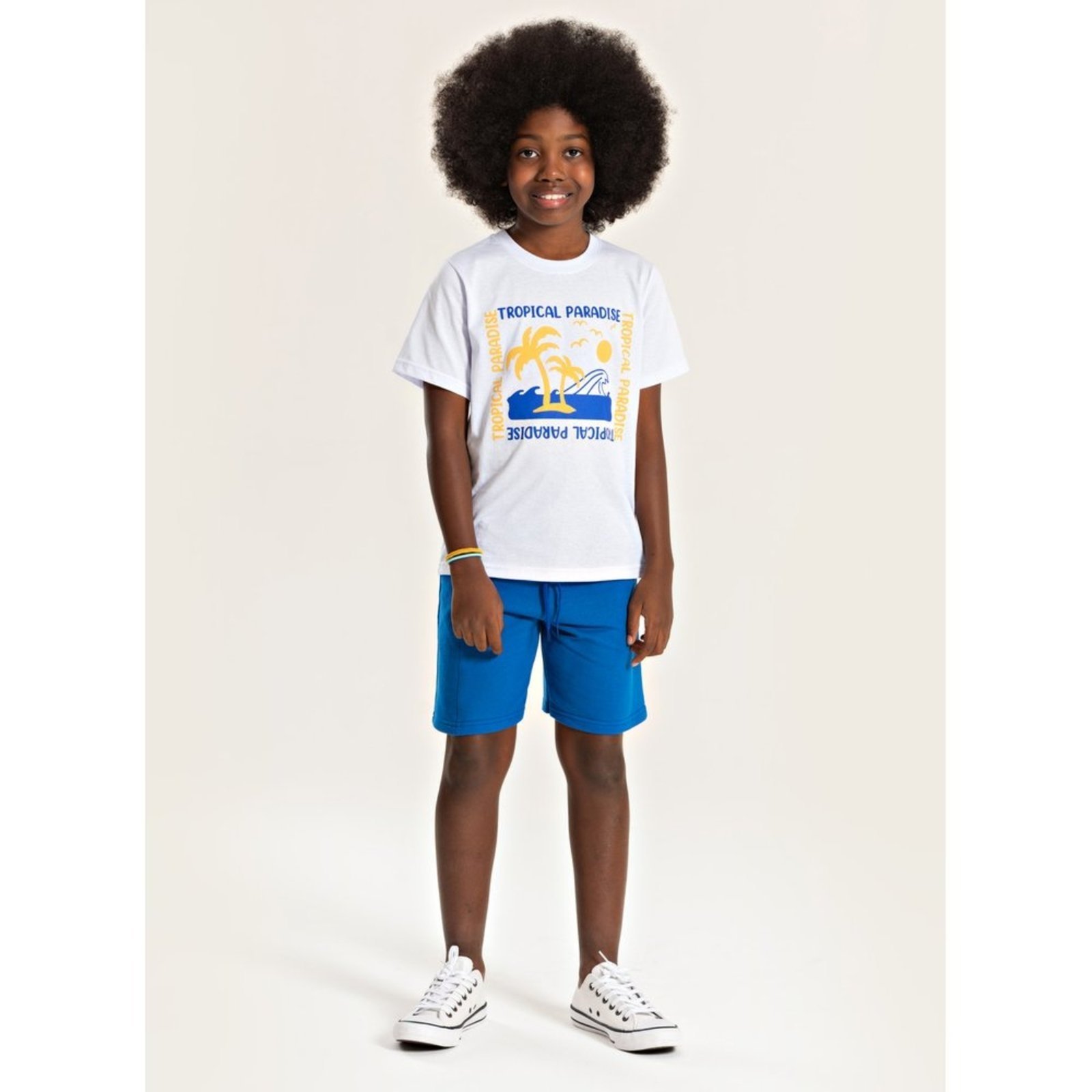 Vista 2 Infantil - Conjunto Molekada Verão Menino Camiseta e Bermuda Com Bolso Tropical Paradise branco Molekada branco