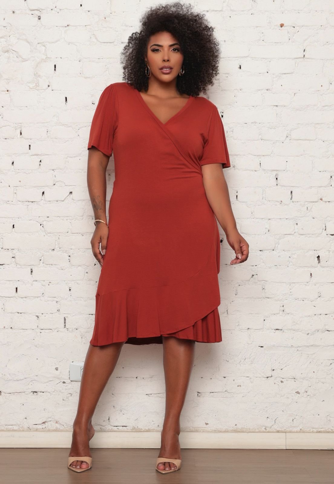 Vestido Feminino Mid Com Babado Plus Size Modelo Cachequer Premium Moda Verão – Laranja Queimado