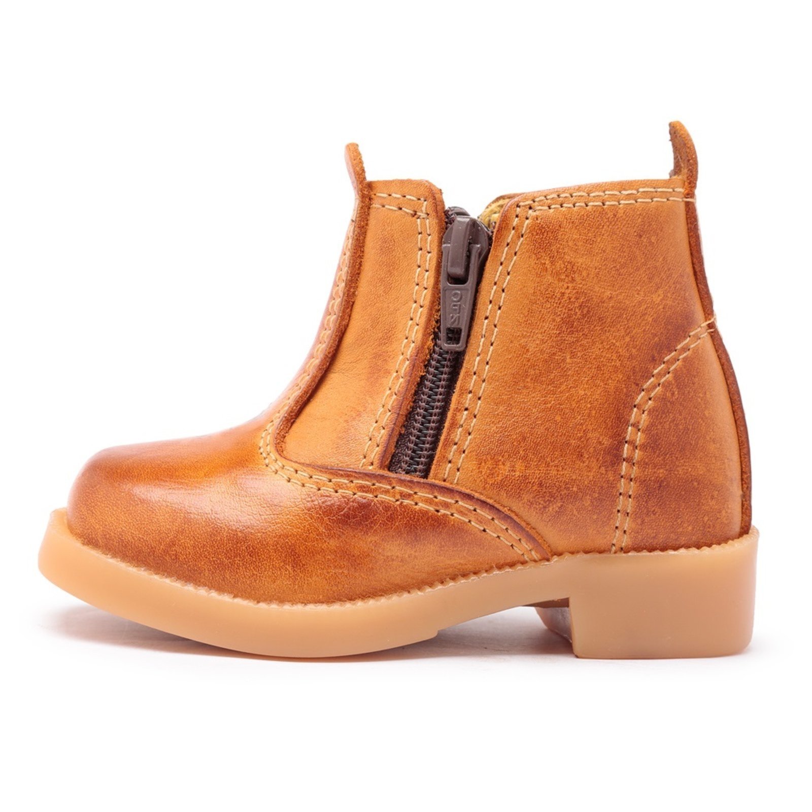 Infantil – Bota Botina Pe De Couro Ziper Em Couro Caramelo