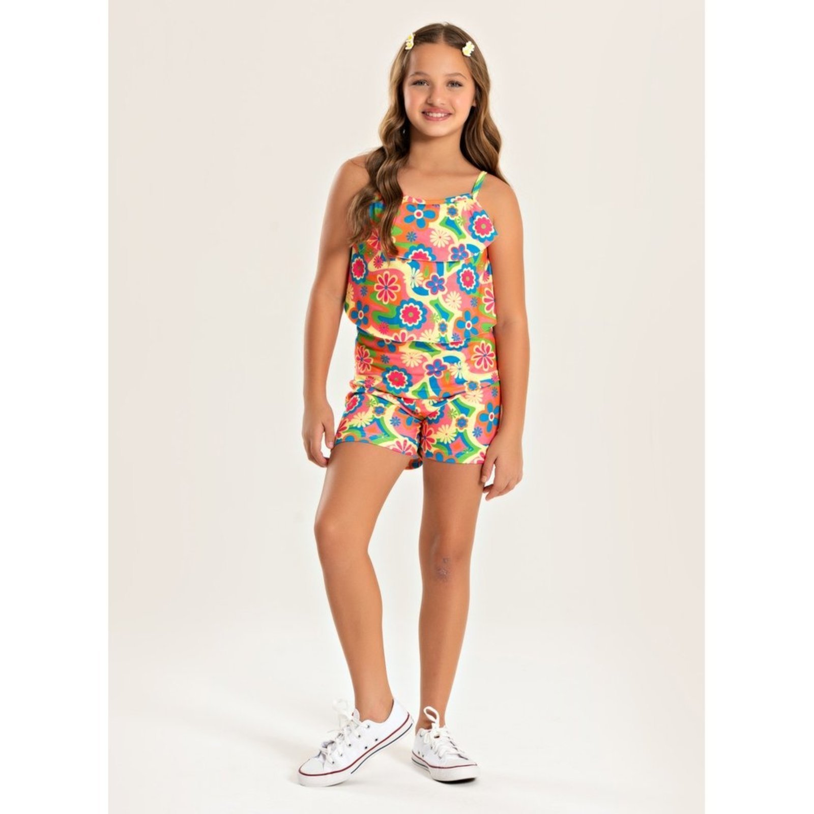 Vista 2 Infantil - Conjunto Molekada Verão Menina Regata com Babado e Shorts Floral amarelo Molekada amarelo