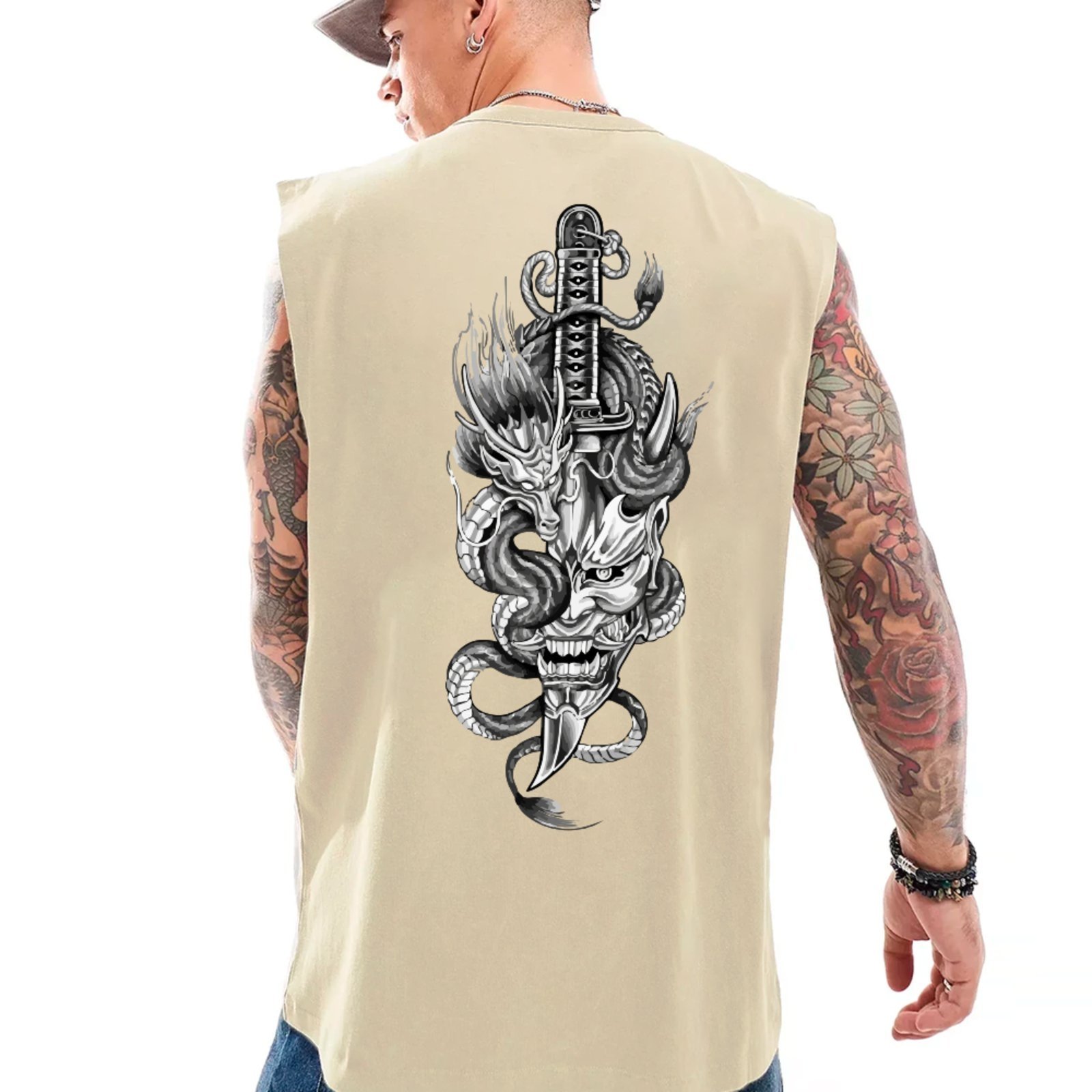 Camiseta Regata Machão Ousy Oni Dragão E Katana Oversized Masculina Off White