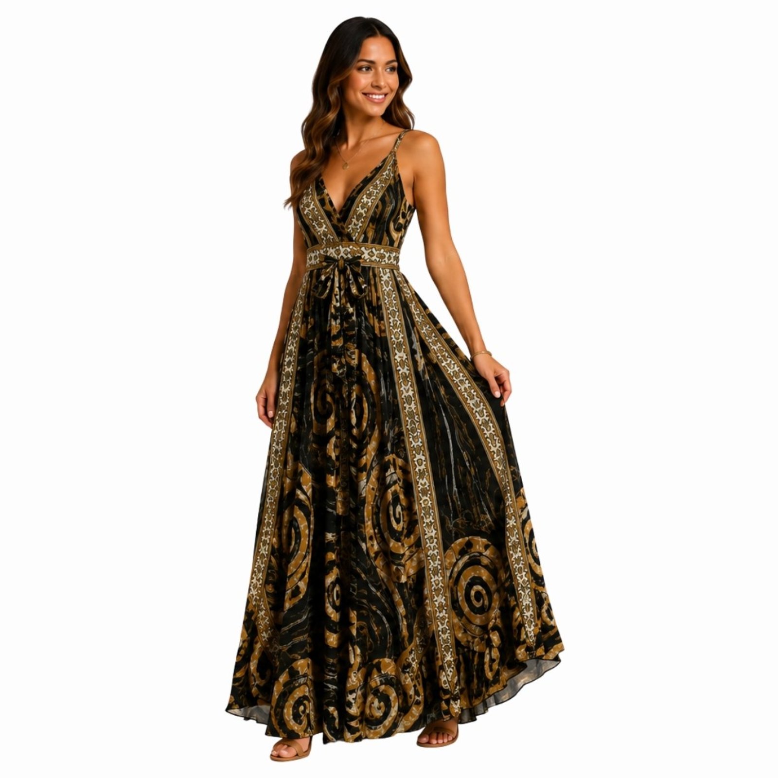 Vestido Longo Indiano Feminino Estampado Alças Reguláveis Boho Preto