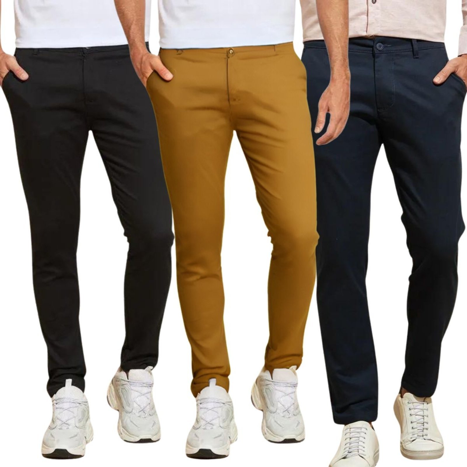 Kit 3 Calças FMF de Sarja Chino Com Bolso Traseiro Embutido Alfaiataria Skinny