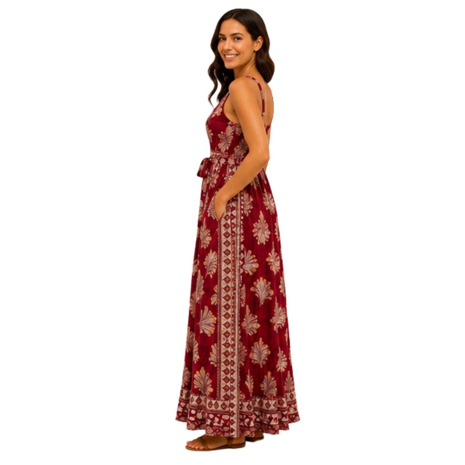 Vestido Longo Feminino Estampado Decote V Alças Reguláveis Verão Casual Vermelho