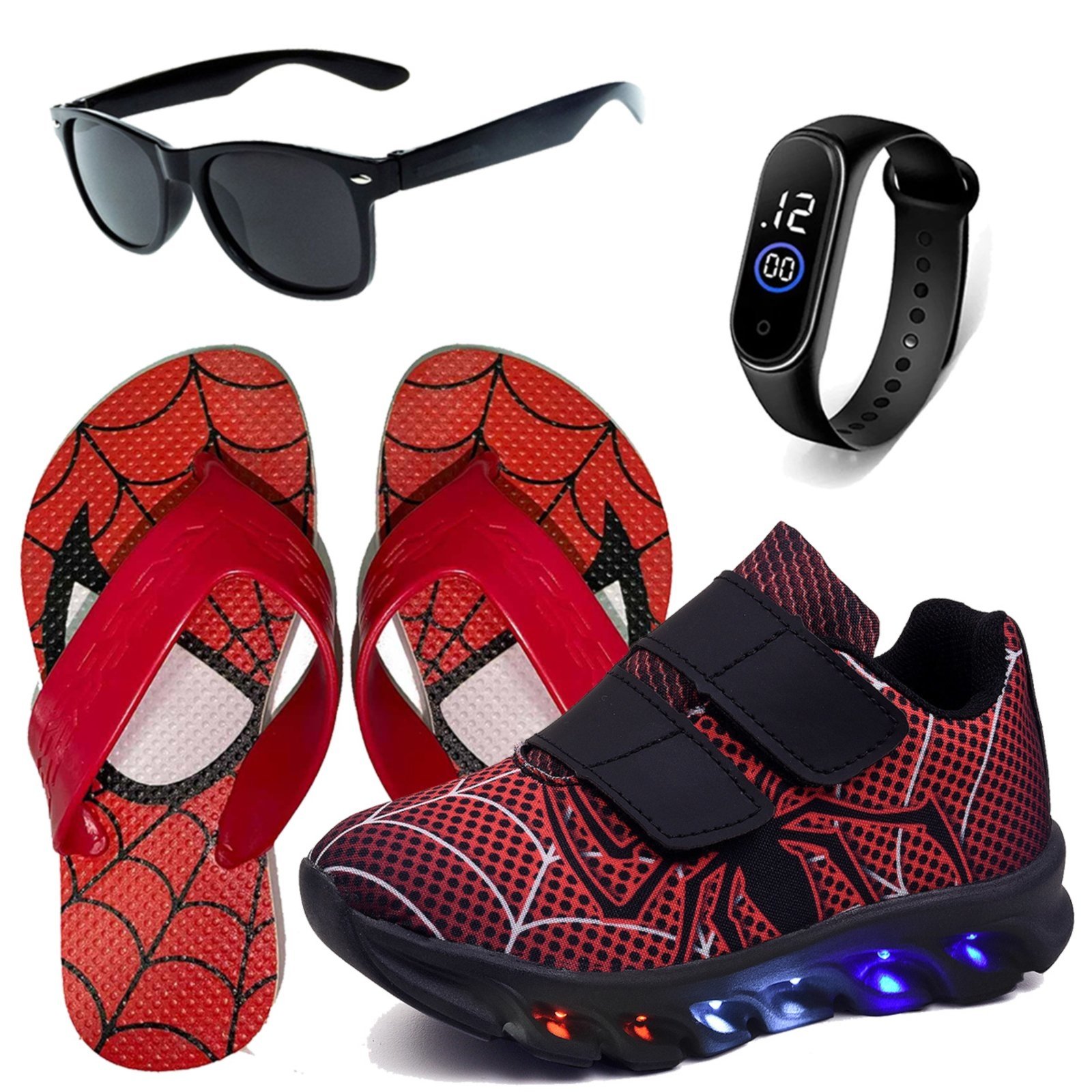 Infantil - Kit Tênis De Led Aranha Personagem Meninos Chinelo Óculos Relógio