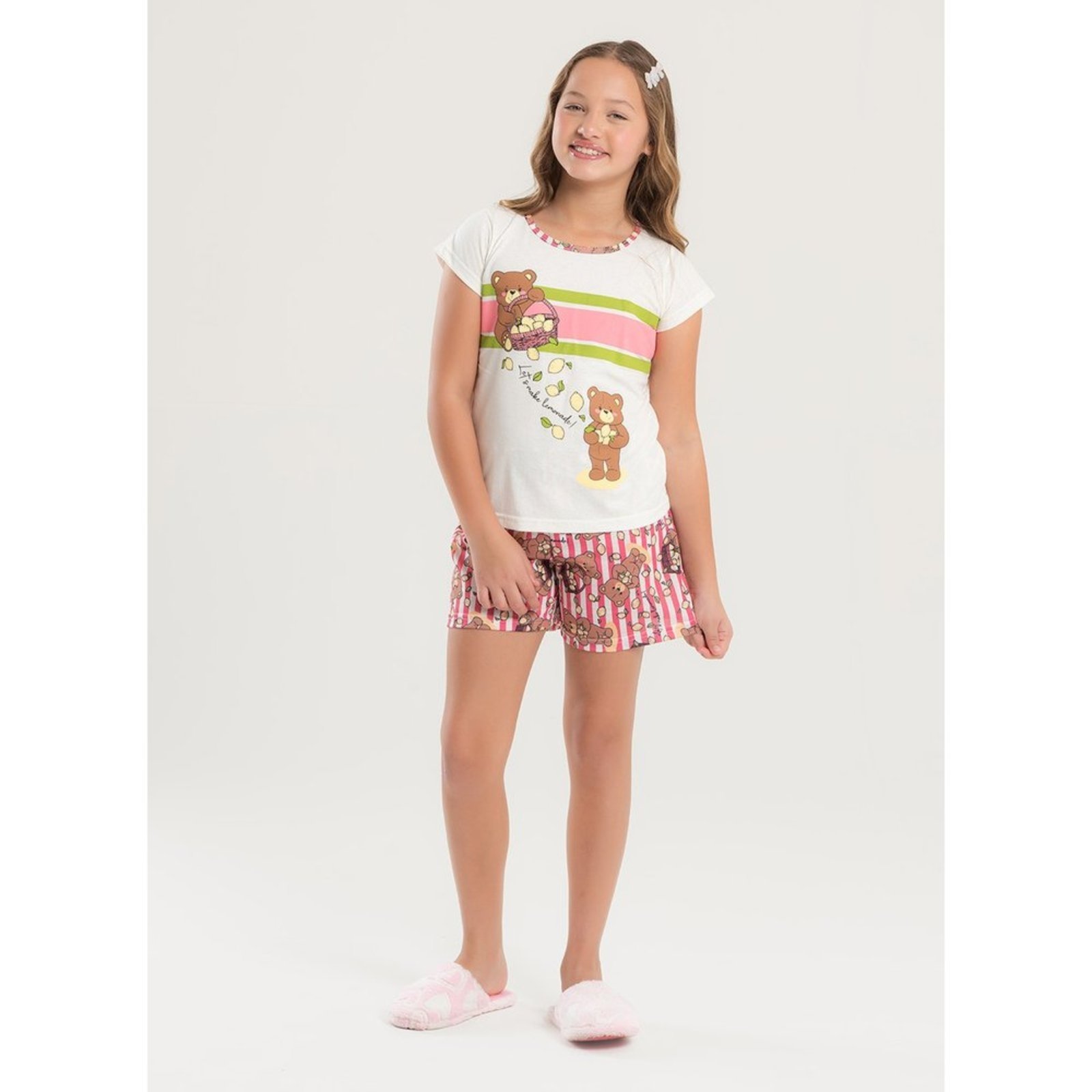 Pijama Verão Menina Natural Blusa e Shorts Ursinhas