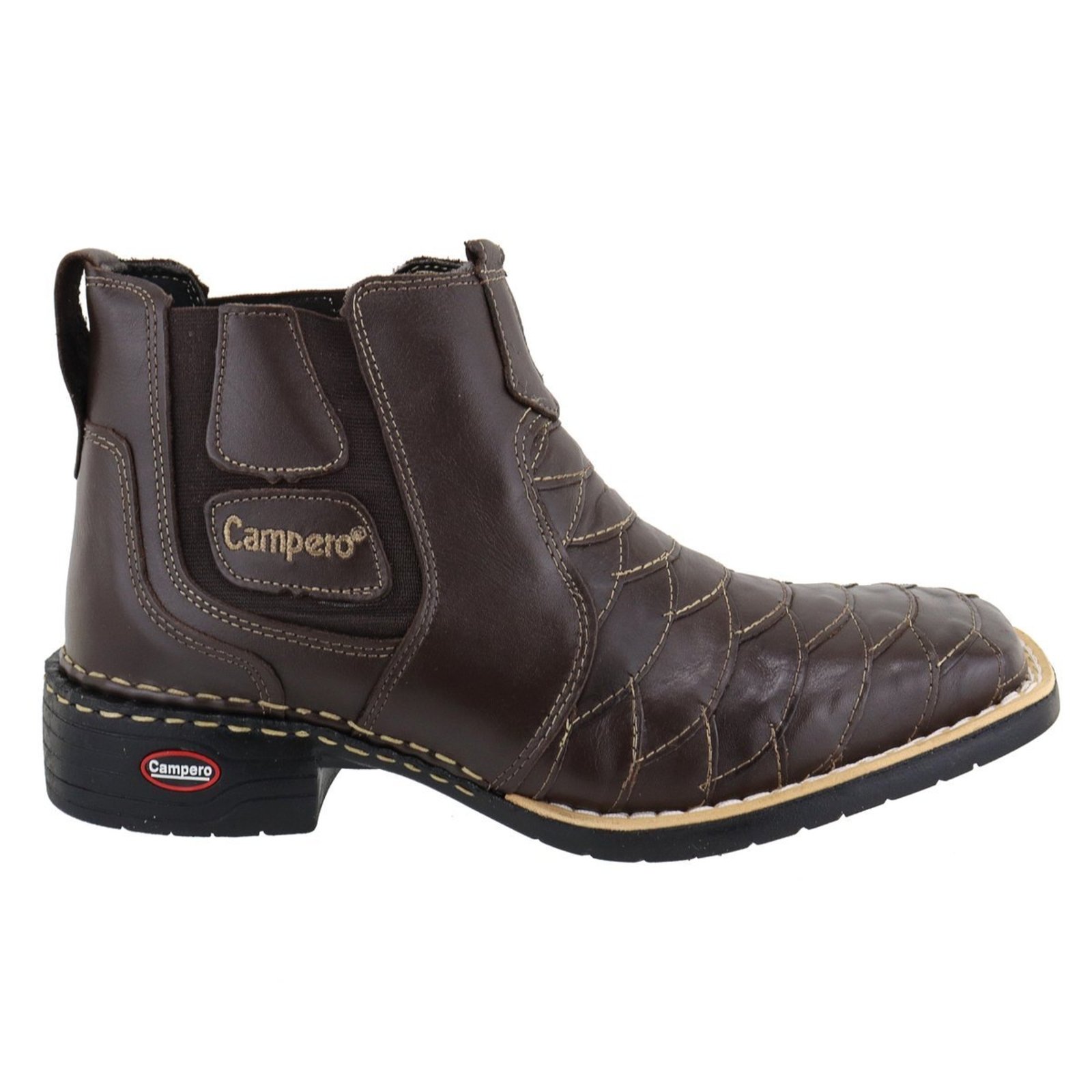 Bota Botina Couro Texana Campero Bico Quadrado Escamada Café