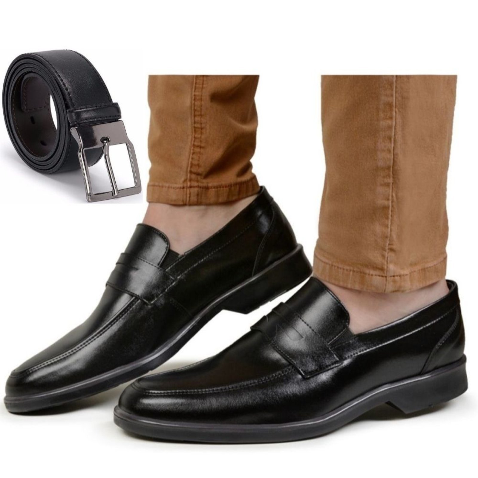 Kit Sapato Casual Social Premium Masculino Preto + Cinto Dupla Face