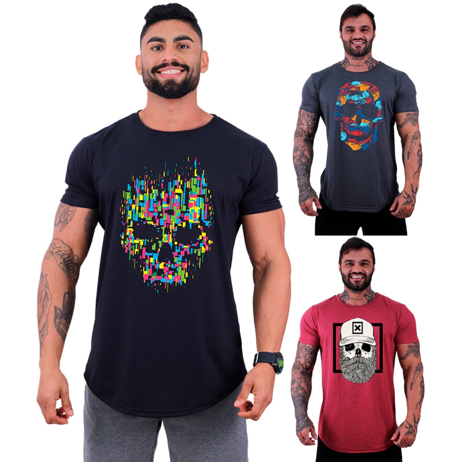 Kit 3 Camiseta Longline Masculina Alto Conceito Slim Preto Mescla Vermelho Caveiras