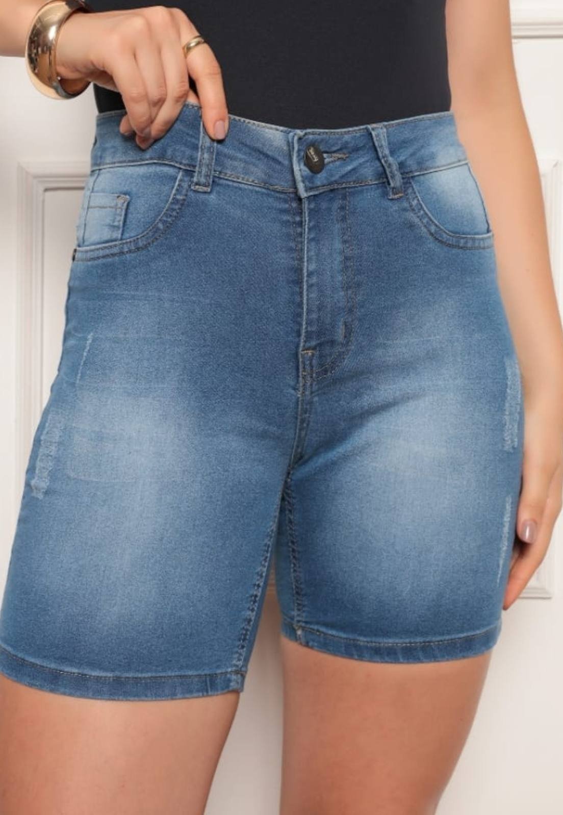 Bermuda Feminina Jeans Meia Coxa Cintura Alta Azul