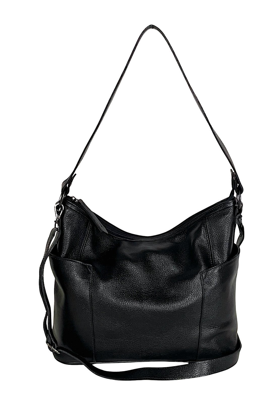 Bolsa Hobo em Couro Legítimo Floater Preta com Alça Dupla e Bolsos Celular