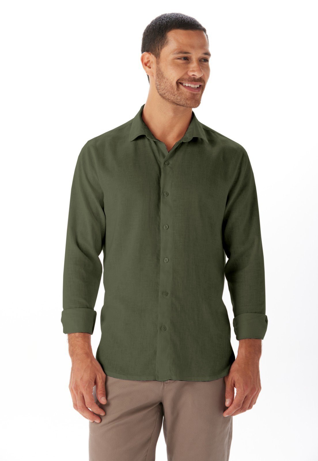 Camisa Linho Slim Manga Longa Traymon - Verde Azeitona