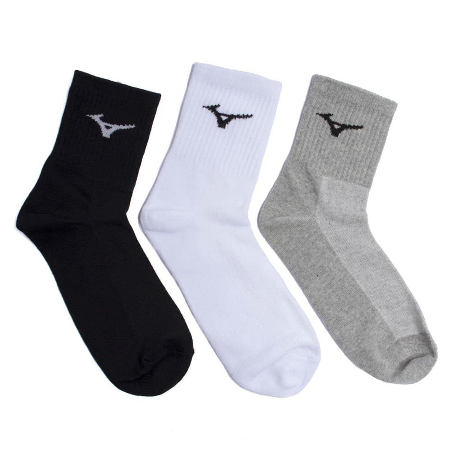 Kit 3 Pares Meias Esportivas Mizuno Cano Médio Cinza/Branco/Preto
