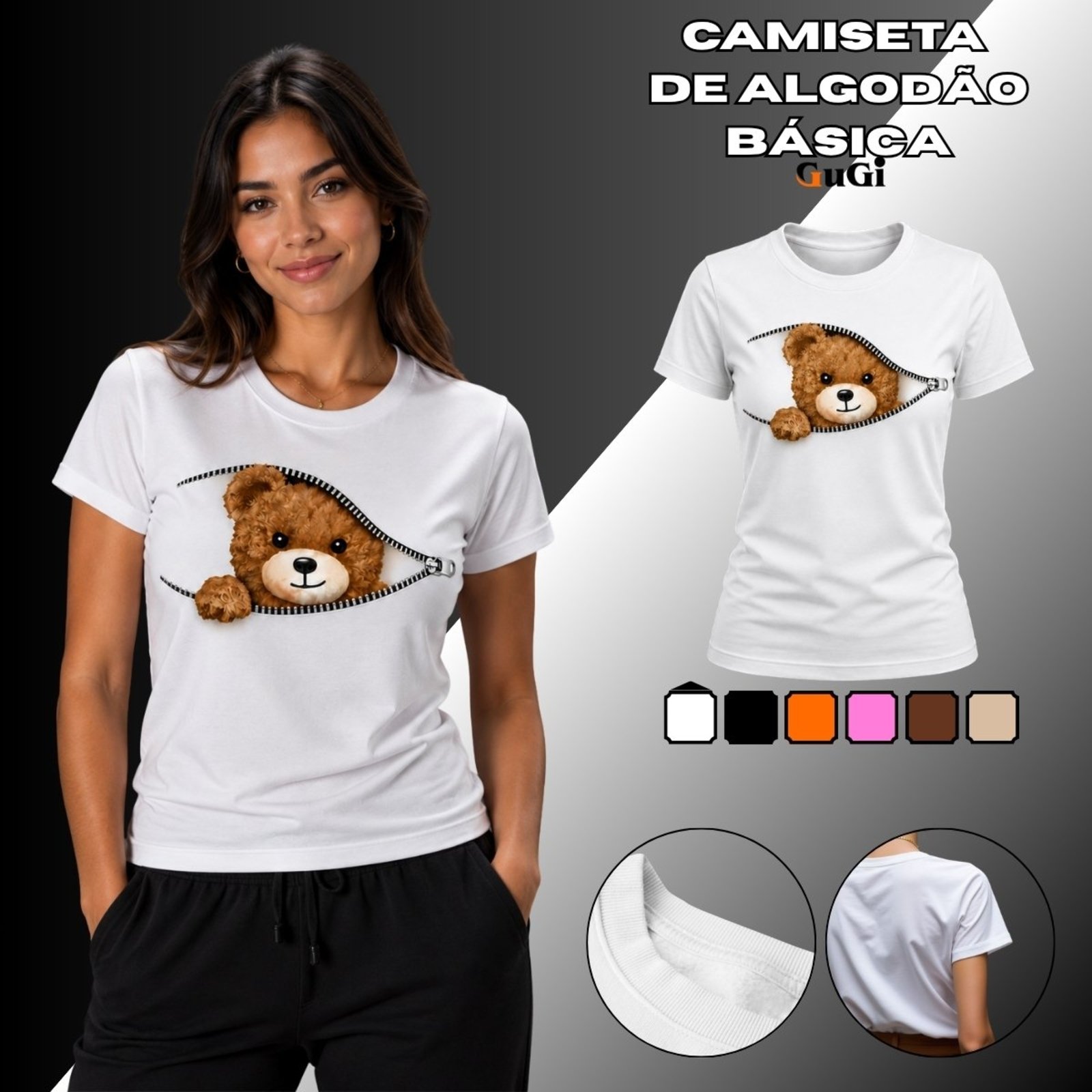 Camiseta Feminina Zíper Ursinho 100% Algodão Branco