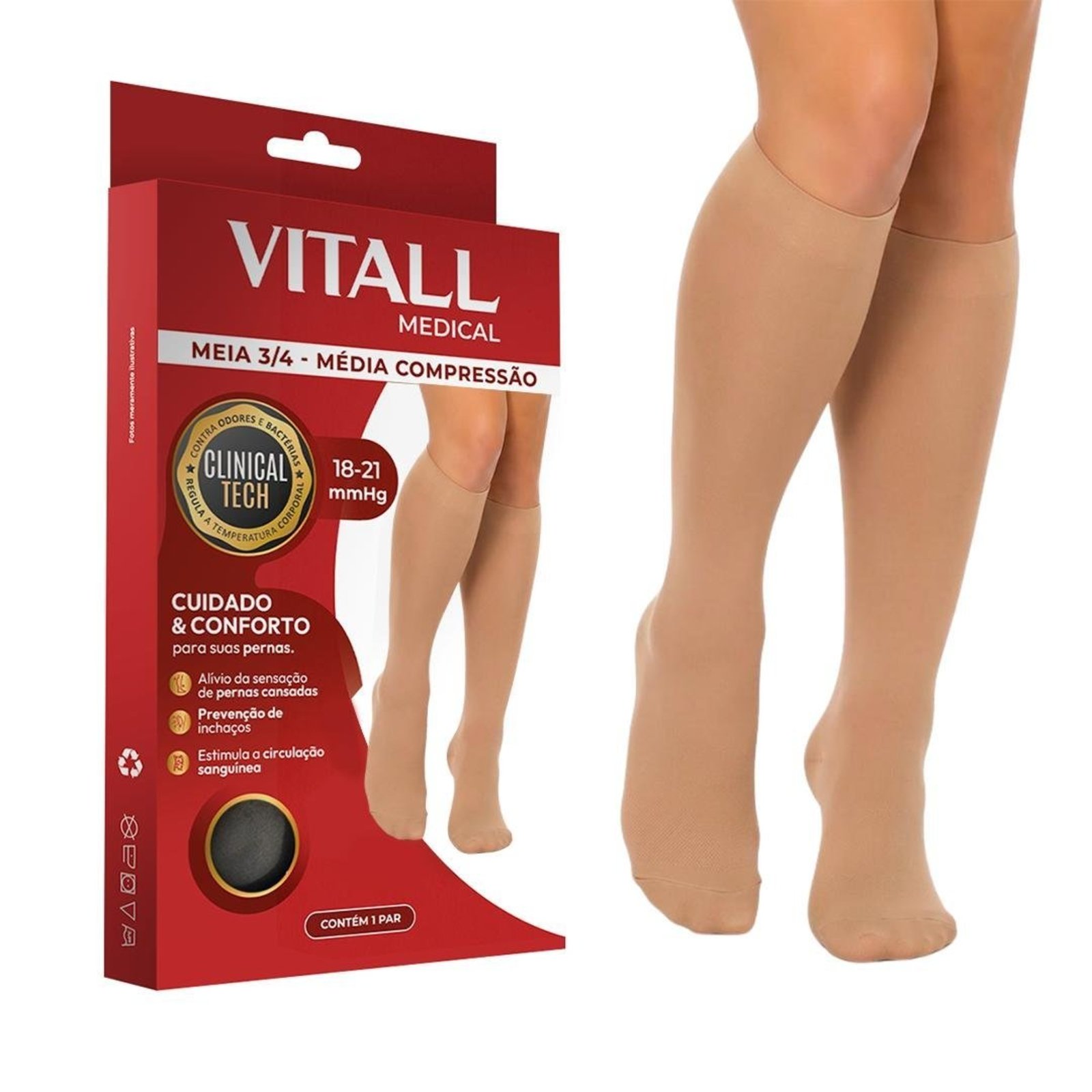 Meia Vitall Medical 3/4 Com Ponteira Média Compressão 18-21 mmHg Bege