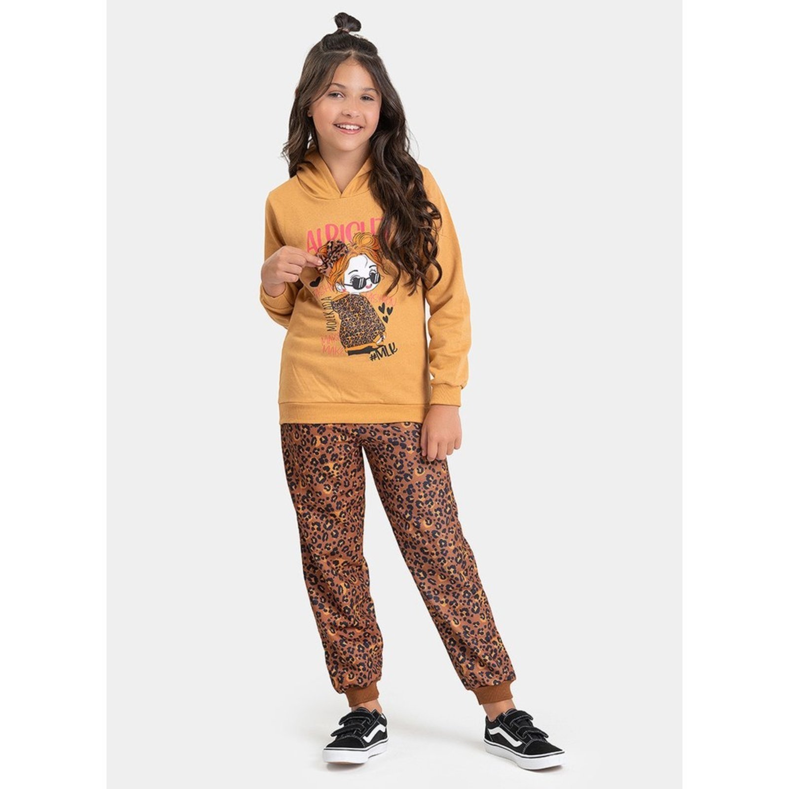 Infantil - Conjunto Inverno Menina Marrom Blusão com Capuz e Calça em Moletom Menina Fashion